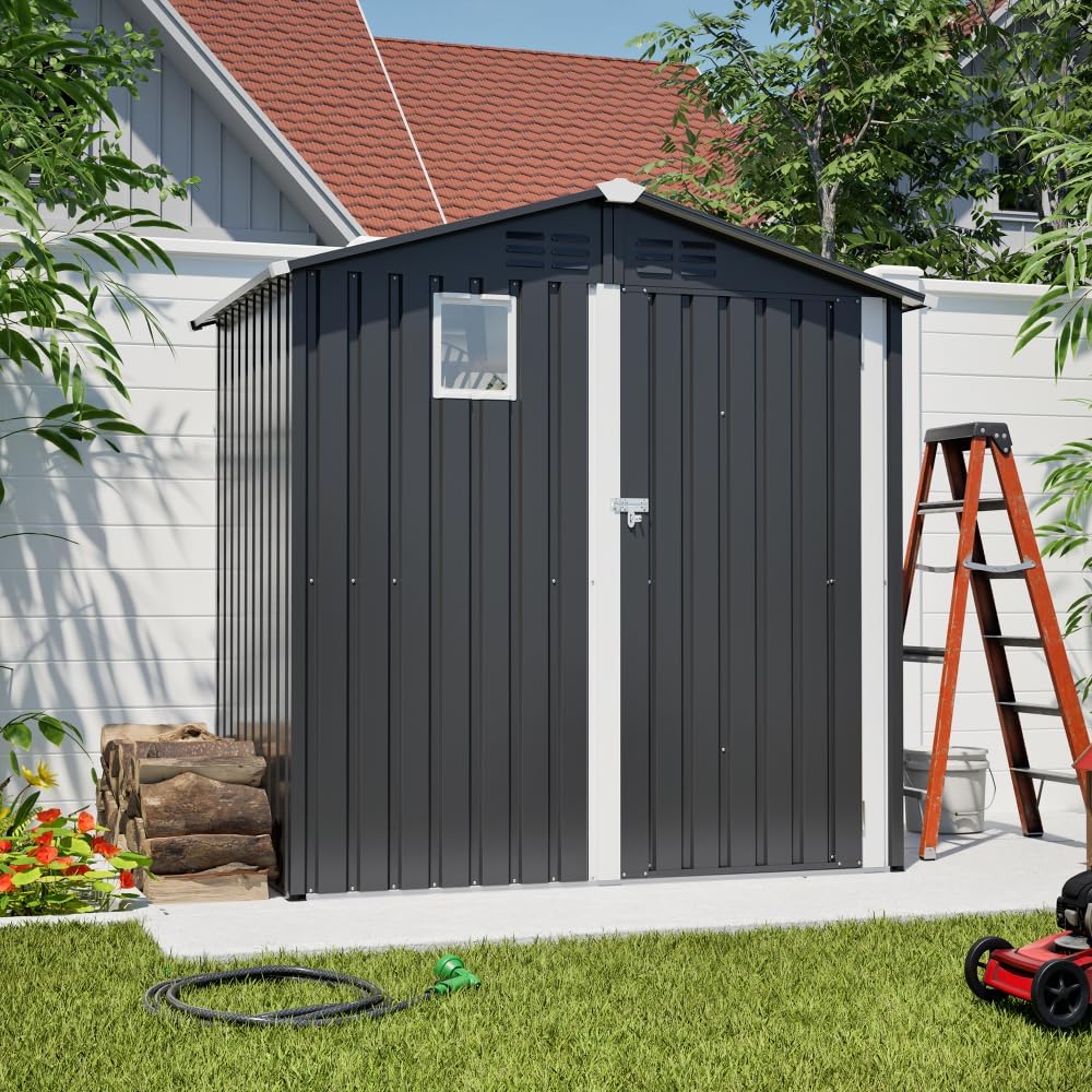 Metal Outdoor Storage Shed 6FT x 4FT, Steel Utility Tool Shed Storage House, Metal Sheds Outdoor Storage for Backyard Garden Patio Lawn (6' x 4'), Black