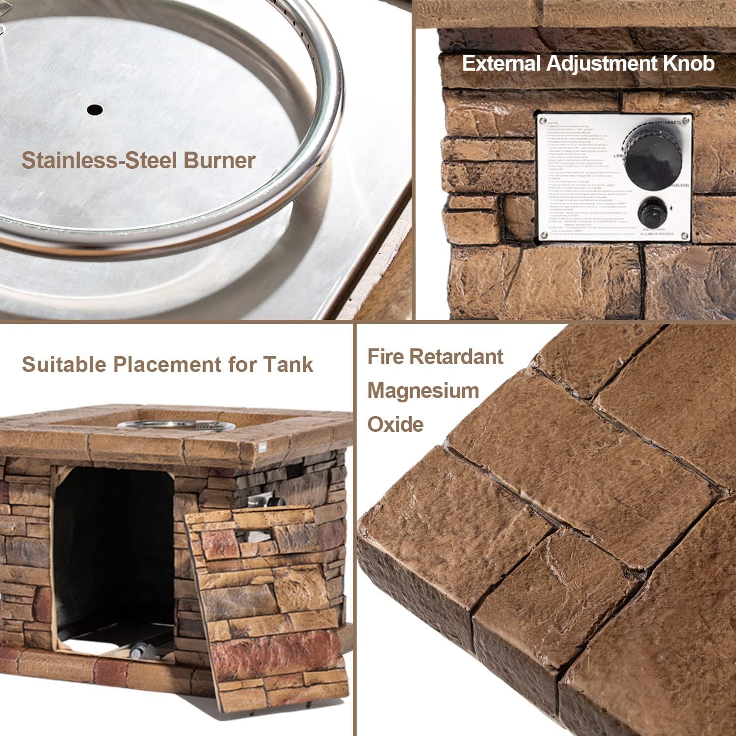 COSIEST 5-Piece Faux Brown Propane Fire Pit Outdoor Furniture Brown Chairs, Warm Gray Wicker Thick Cushion Sofa w 32-inch Square Propane Fire Table (50,000 BTU) for Garden, Pool, Backyard