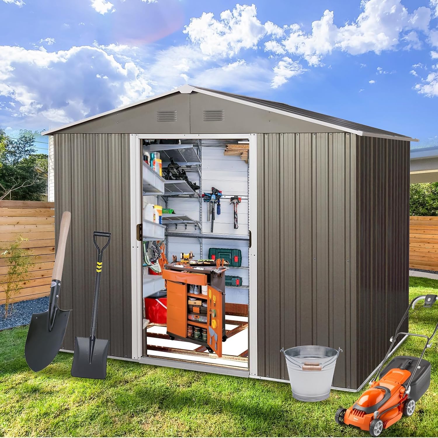 8 x 6 FT Outdoor Storage Shed, Metal Garden Shed with Floor Frame, Large Tool Shed Outdoor Storage with Lockable Sliding Doors & Air Vents, Storage House Waterproof for Backyard, Lawn, Gray