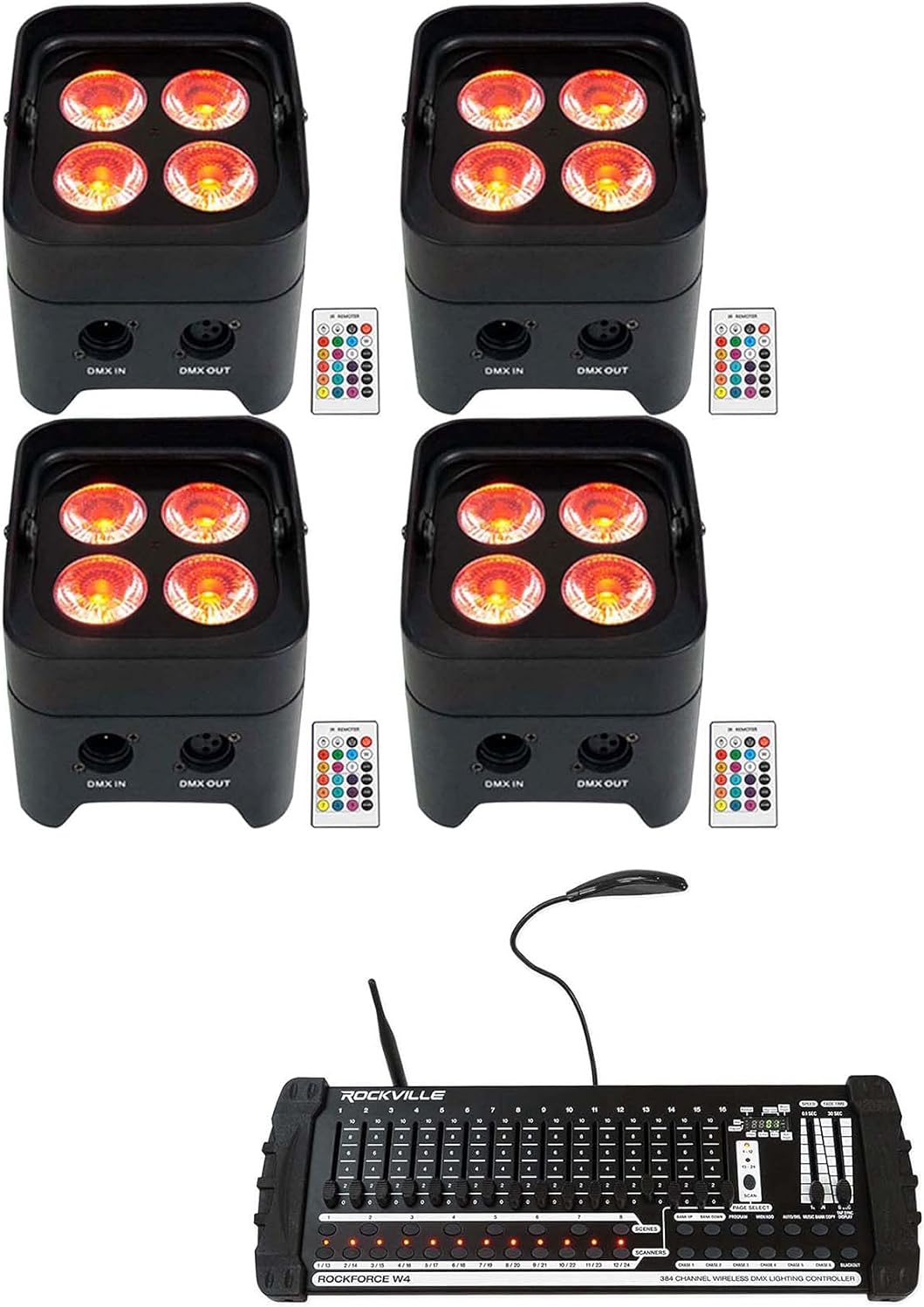 Rockville Best PAR 50 Bundle: (4) Rechargeable Par Can Wash Lights, Wireless DMX, RGBWA, UV, ROCKFORCE W4 384 Channel Wireless DMX Lighting Controller with MIDI, 5-Items
