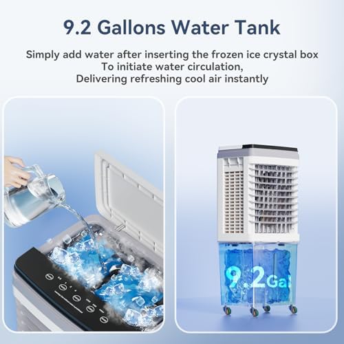 Evaporative Air Cooler, 3-IN-1 Portable Air Conditioners with 2353 CFM, Swamp Cooler with 9.2 Gallon Water Tank, Remote & Touch Control, 90°+120° Oscillation, Air Coolong Fan for Outdoor Indoor