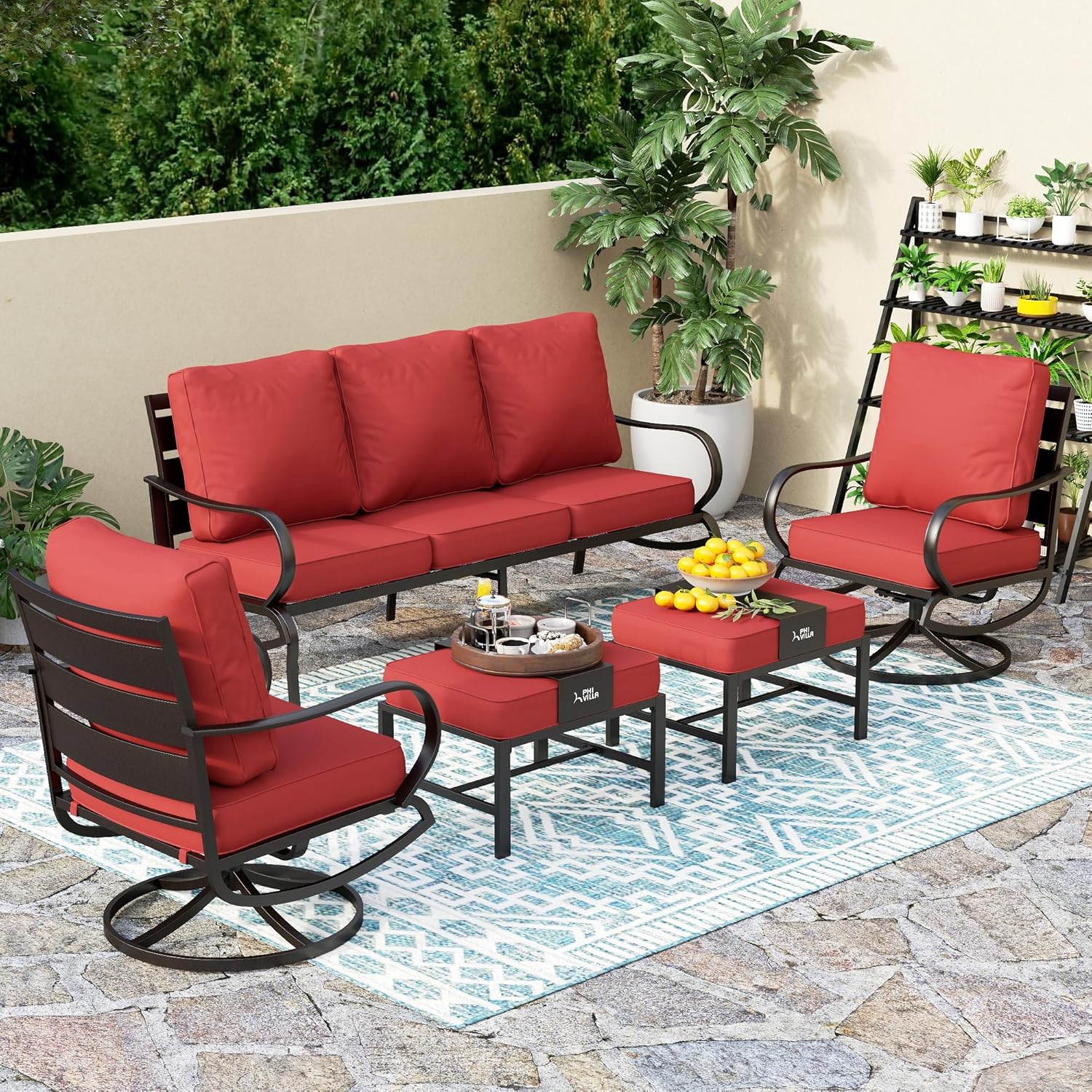 PHI VILLA 5 PCS Patio Furniture - Metal Deluxe Patio Set with 1 x 3 Seater Deep Seating Bench, 2 x Swivel Sofa Chairs & 2 x Metal Cushioned Ottoman, Outdoor for Garden, Red