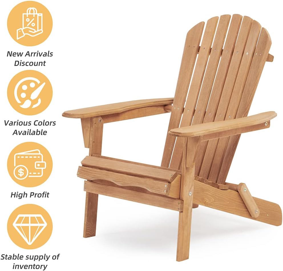 Folding Adirondack Chairs Set of 2, Outdoor Wooden Accent Furniture Fire Pit Lounge Chairs, Cedar All-Weather Lawn Chairs for Outdoor Porch Garden Backyard Deck, 350lb Weight Capacity,Natural