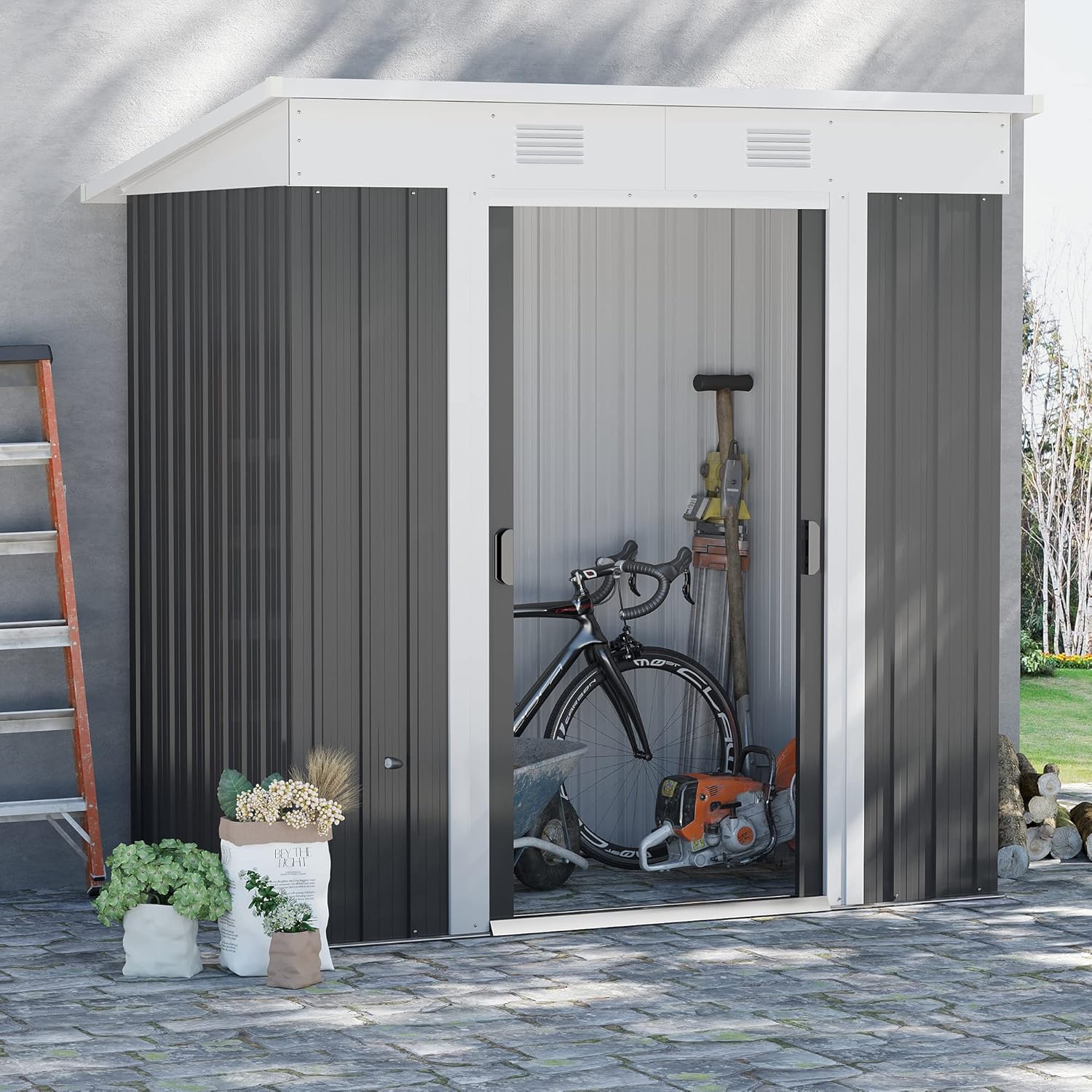 Outsunny 6' x 4' Metal Lean to Garden Shed, Outdoor Storage Shed, Garden Tool House with Double Sliding Doors, 2 Air Vents for Backyard, Patio, Lawn, Black