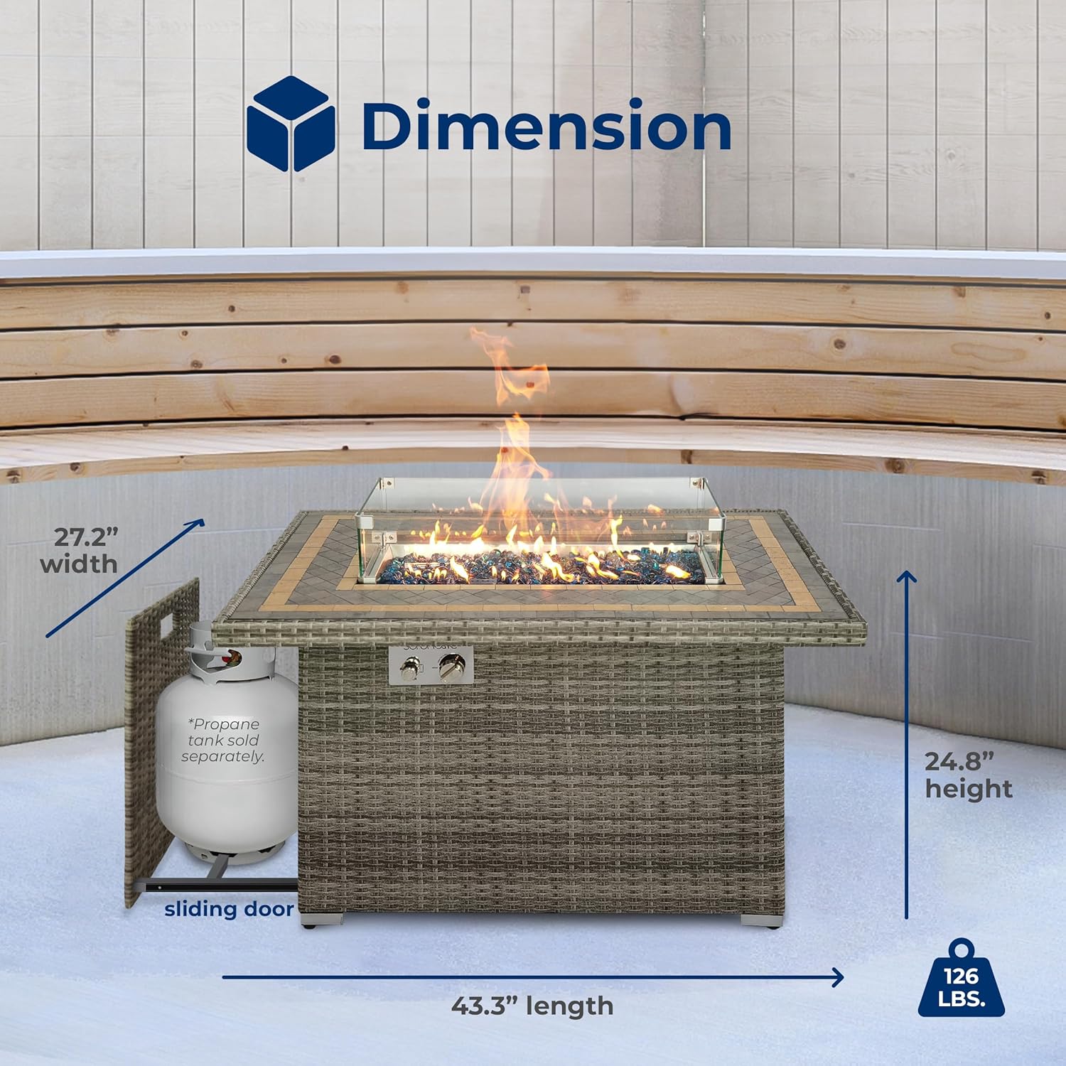 SereneLife Sturdy Wicker Base Propane Fire Pit Table with Tile Top, Patio Heater & Propane Heater, Sliding Door, Stainless Steel Burner, Tempered Glass Wind Guard, 50000 BTU, Weather Resistant