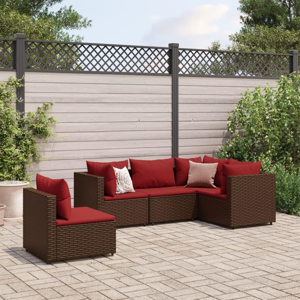 Furniture Sets 5 Piece Patio Lounge Set with Cushions Brown Poly Rattan,AllWeather Rattan Lounge Set: Modular Design for Customizable Outdoor Comfort Garden Conversation Sets