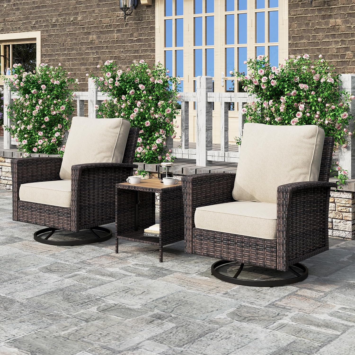 HERA'S HOUSE Patio Swivel Chairs Set of 2, 3 Pieces Outdoor Wicker Furniture for Deck Porch Yard,Brown/Beige