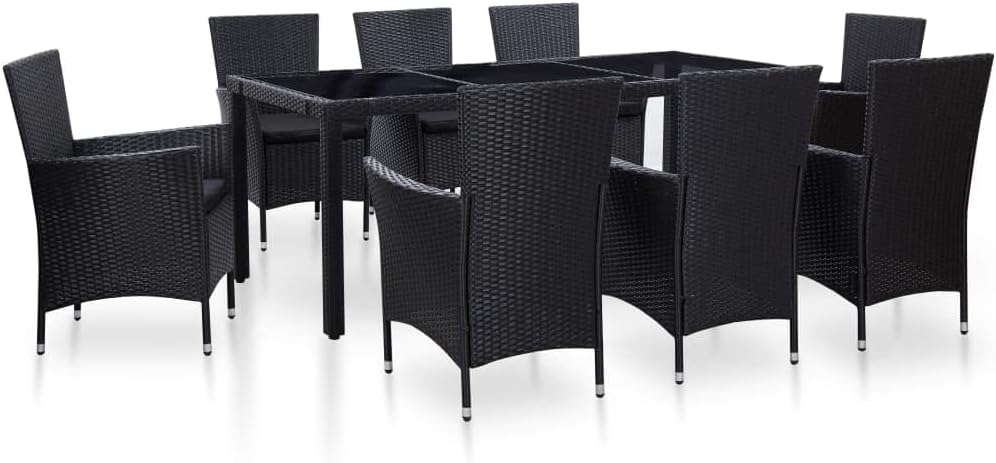9 Piece Patio Dining Set Poly Rattan Black,Elegant 8Seater PE Rattan Garden Dining Set with Tempered Glass Tabletop Furniture Sets for Patio, Lawn & Garden