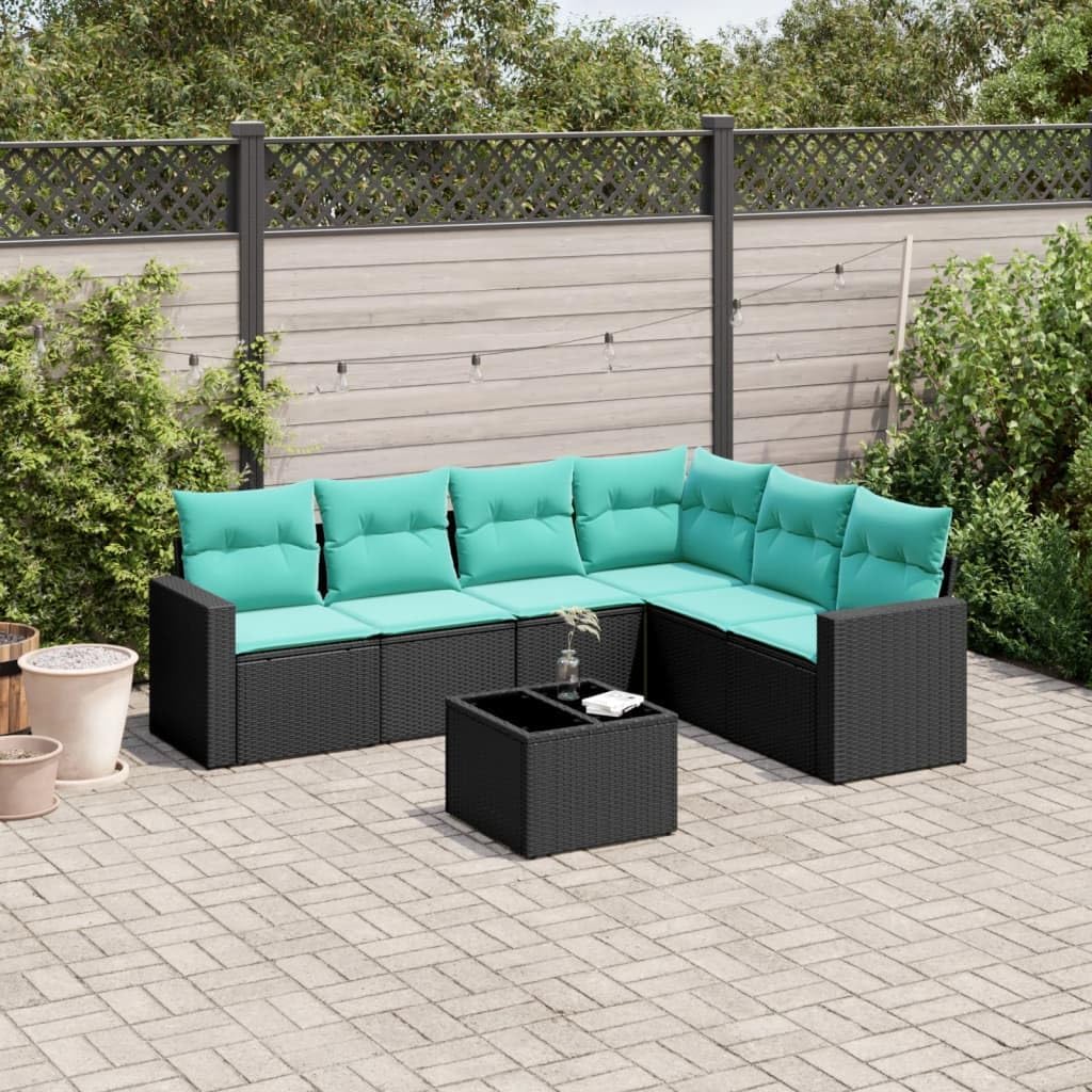 7 Piece Patio Sofa Set with Cushions, Black Poly Rattan Outdoor Furniture, Tempered Glass Table, Modular Design for Garden, Balcony, Terrace