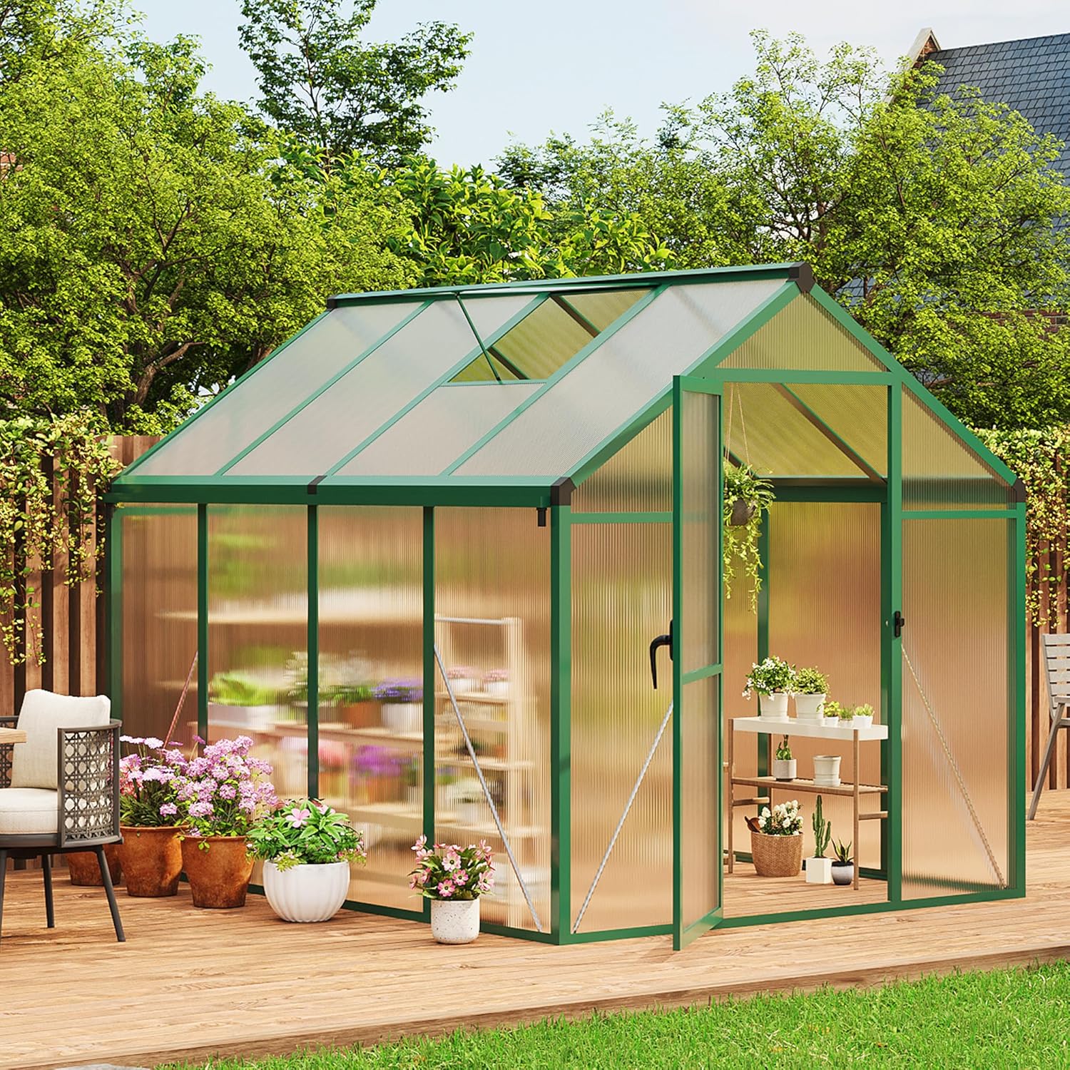 6X8 FT Greenhouse for Outdoors, Large Walk-in Polycarbonate Greenhouse Kit, Aluminum Frame, Lockable Door, Roof Vent, Ground Spikes, for Garden, Patio, Backyard, Outdoor Plant Growth