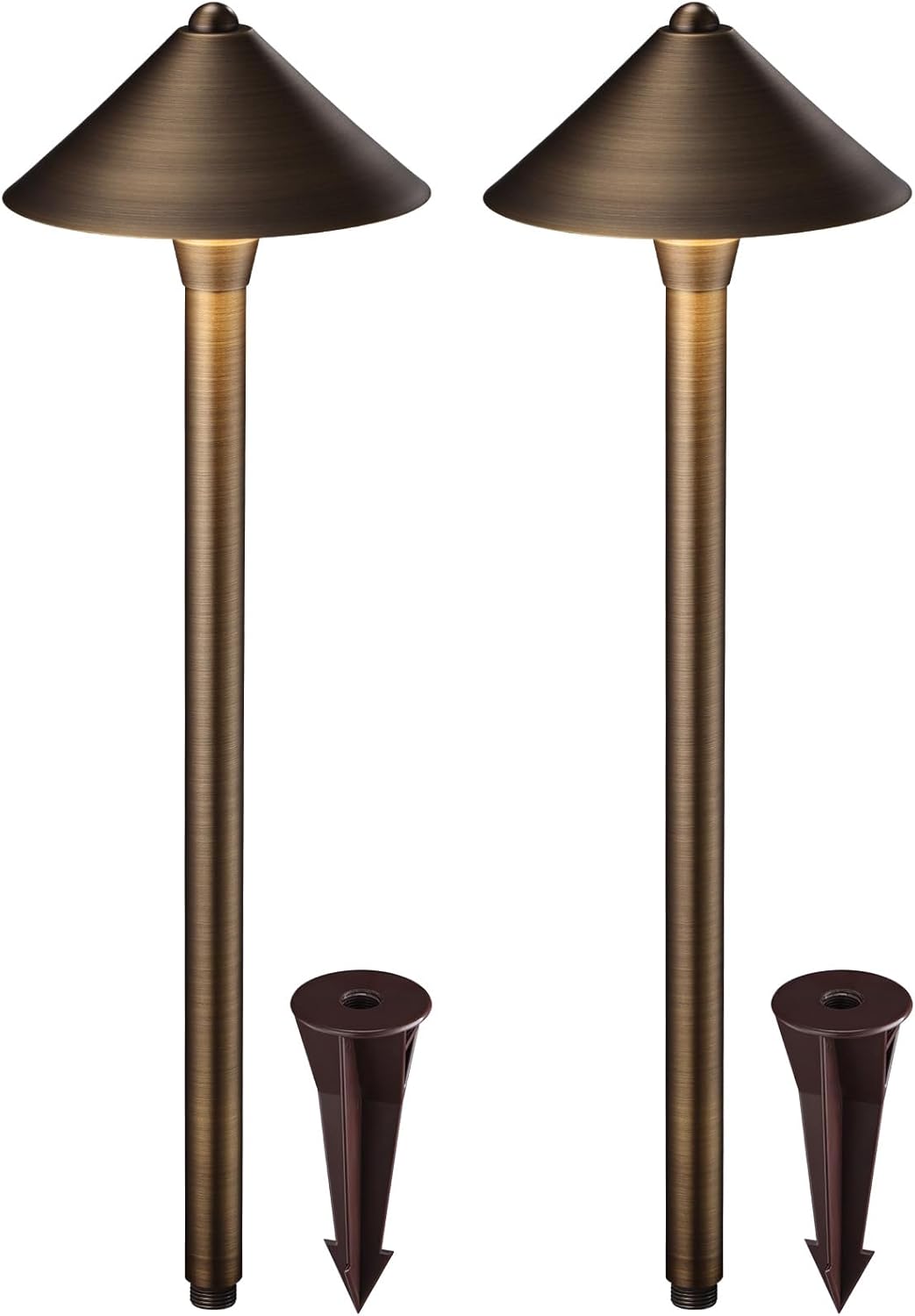 LEONLITE Conehead 12V Solid Cast Brass Path Light, Low Voltage Landscaping Pathway Light, Work with G4 Bulb, (Bulbs Not Included), IP65, 21.5'' Tall, 6.73'' Shade, Bronze, Pack of 2