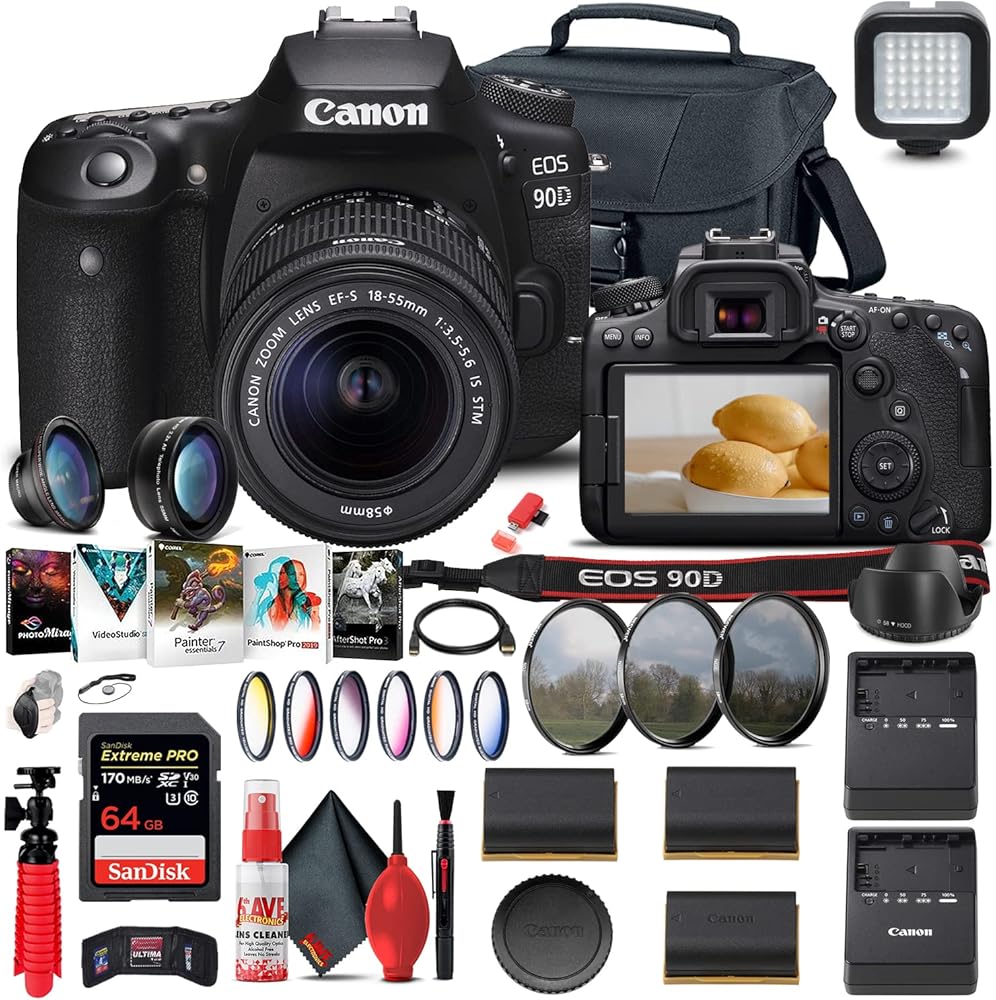 Canon EOS 90D DSLR Camera with 18-55mm Lens (3616C009) + 64GB Memory Card + Color Filter Kit + Case + Corel Photo Software + 2 x LPE6 Battery + Charger + Card Reader + More (Renewed)