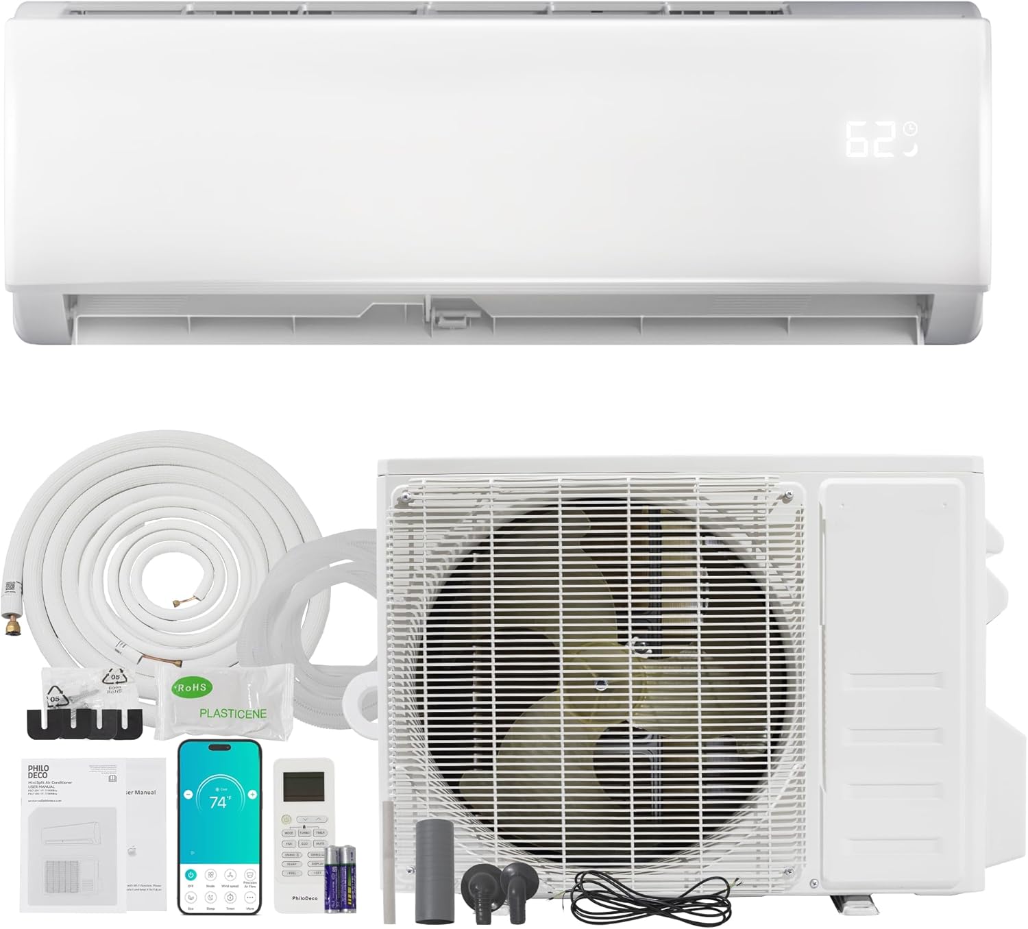 HUMSURE 17000 BTU Mini Split Air Conditioner & Heater, Wifi Enabled 208-230V Energy Saving Wall Mounted Inverter Ductless AC Unit Cools up to 1000 Sq. Ft, Heat Pump & Installation Kit