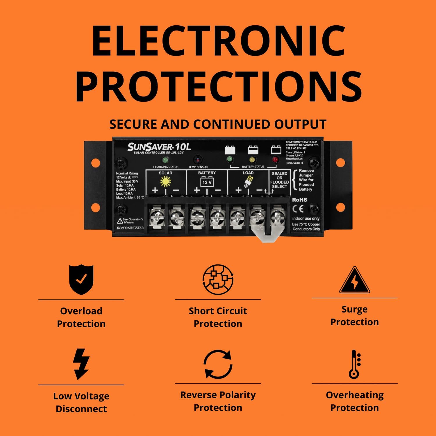 Morningstar SunSaver 10A PWM Solar Charge Controller (SS-10L-12V) - Solar Panel Regulator for 12V batteries, Four Stage Battery Charging, LVD, HazLoc Rated, Low Noise, 5 Year WTY - Designed in the USA
