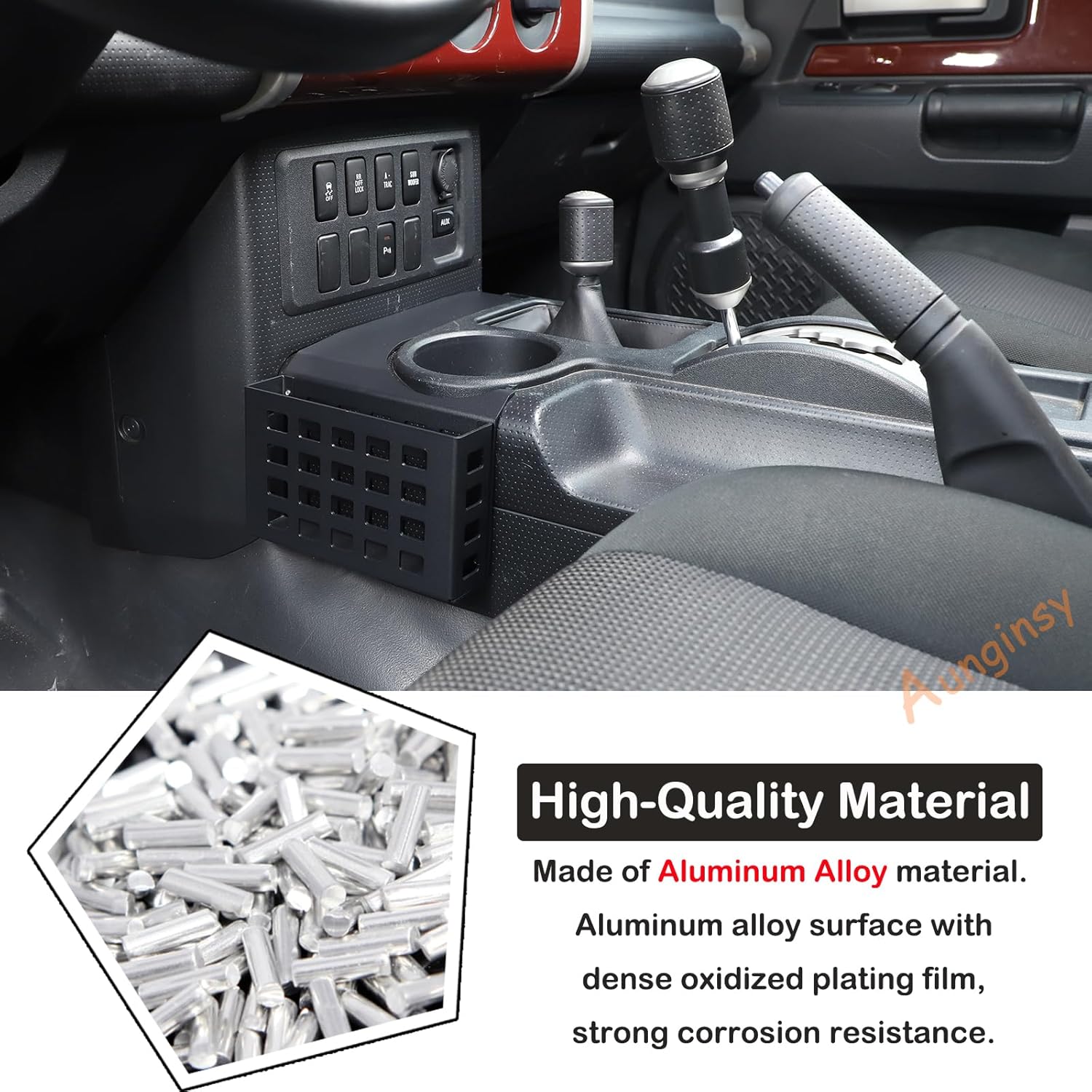 Aunginsy Center Console Gear Storage Box Basket Fit Toyot@a FJ Cruiser 2007-2024 Aluminum Gear Shift Side Storage Baskets Center Console Organizer Tray Armrest Storage Box Basket Interior Accessories