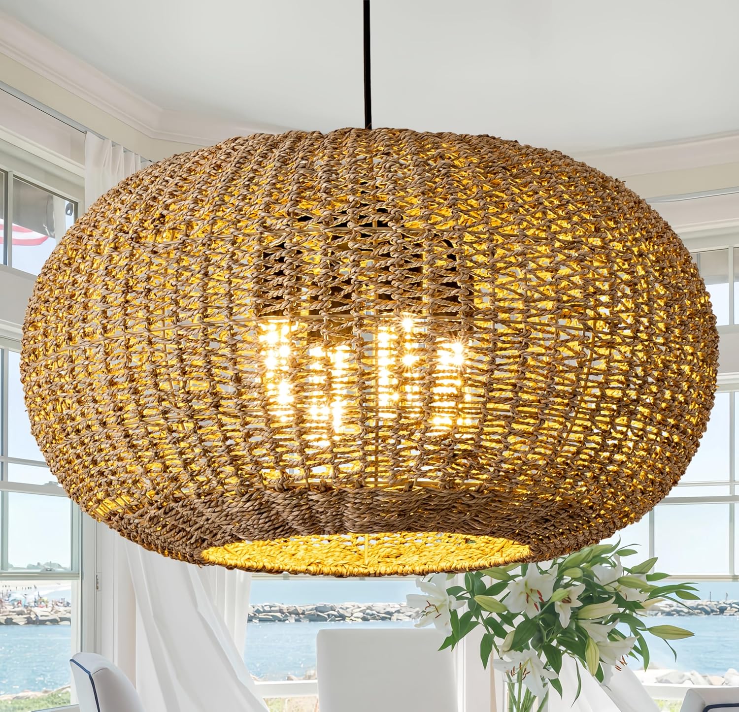 22.83in Large Rattan Chandelier Boho Wicker Hand Woven Pendant Light Farmhouse Ceiling Hanging Lighting Fixture for Living Room Kitchen Island Dining Room Hallway, 4-Lights
