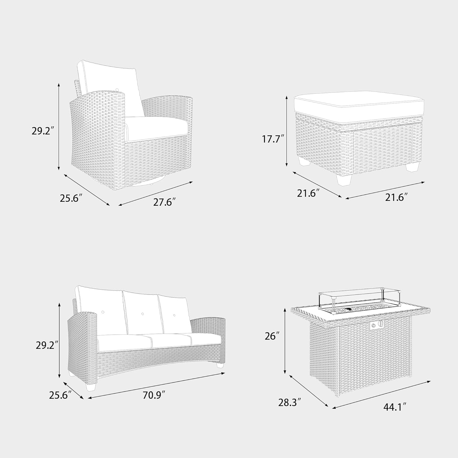 8 Pieces Patio Furniture Swivel Chairs Set with Fire Pit Table, Outdoor Wicker Glider Rocking Chairs with Sofa Set