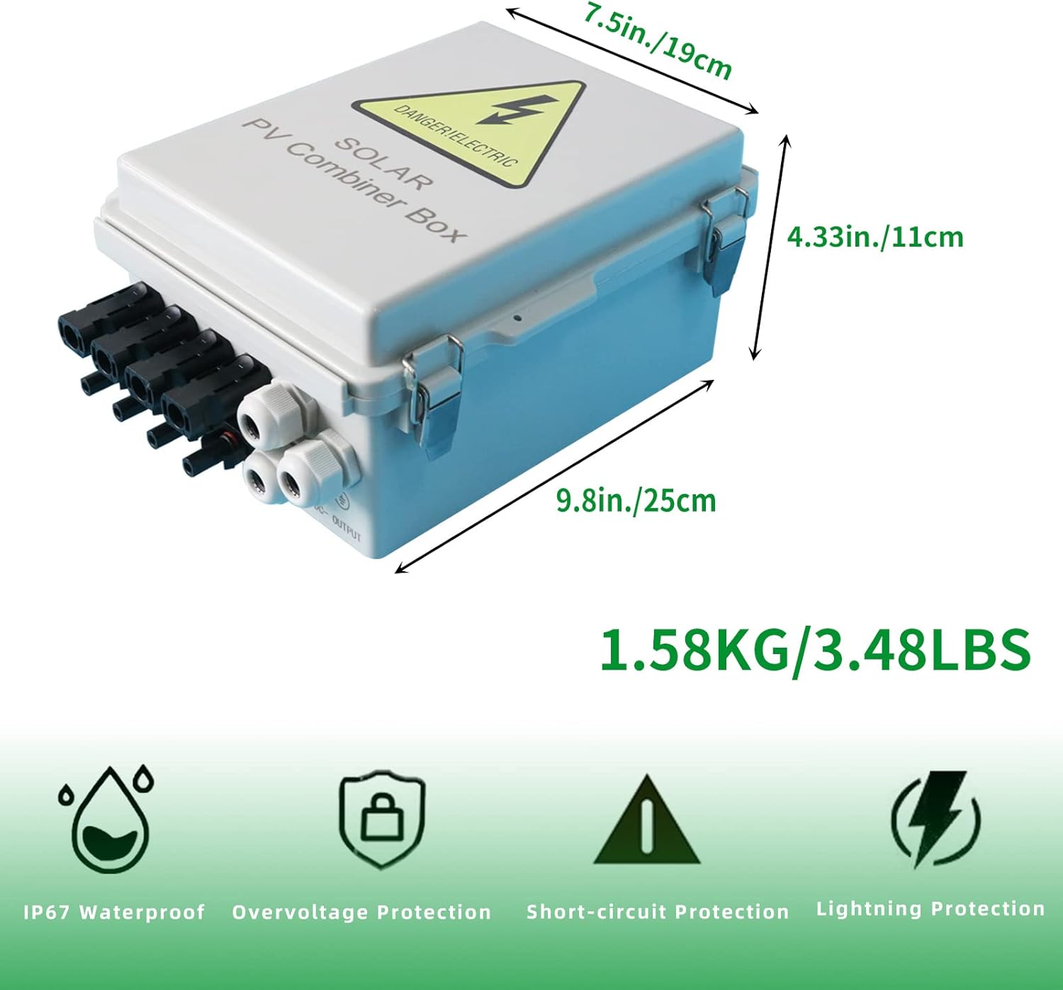 4 String Solar Combiner Box, IP65 Waterproof PV Combiner Box for On/Off Grid Solar System,with Lightning Arrester, 15A Rated Current Fuse & 63A Circuit Breaker(Plastic)