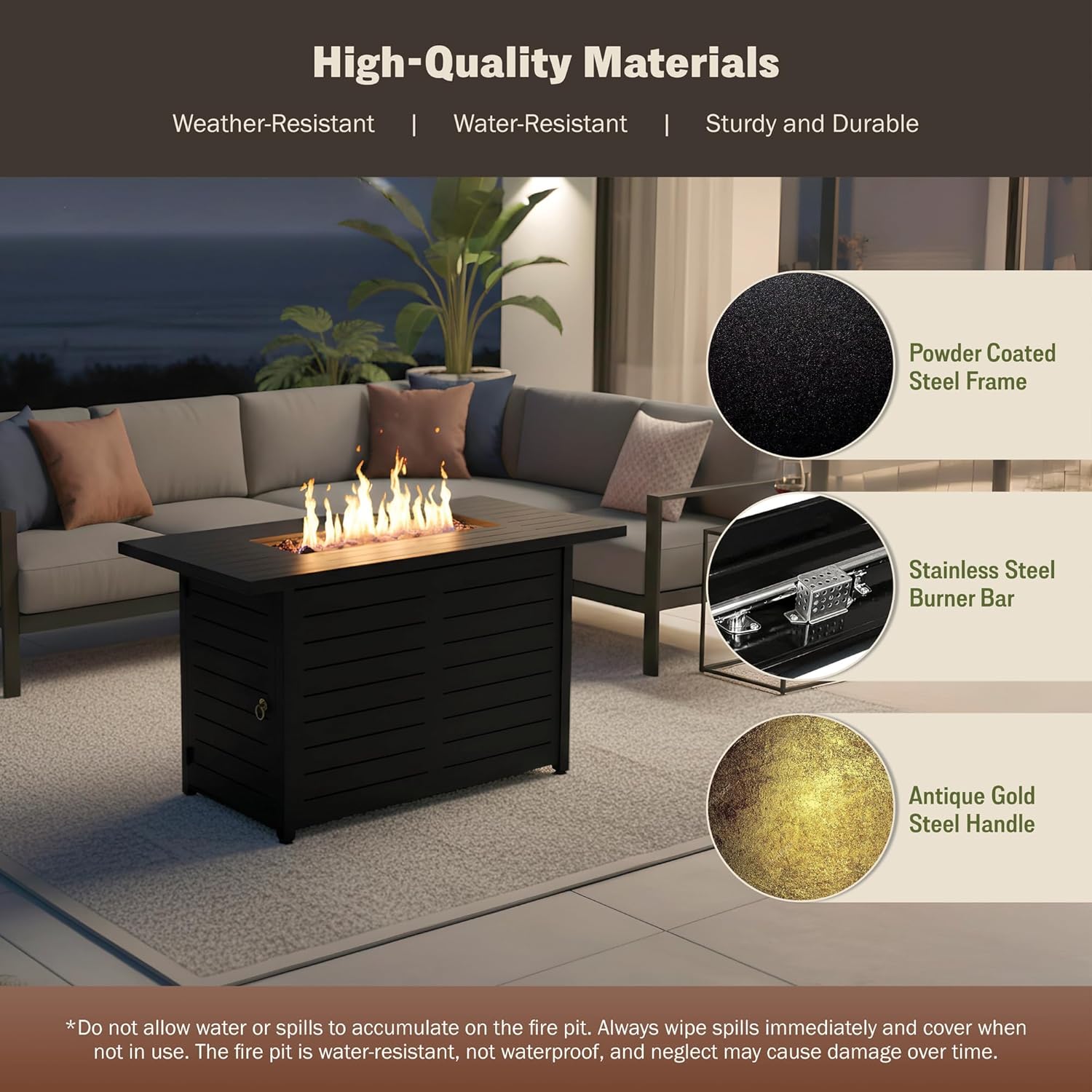 Mazatzal 42 Inch Propane Fire Pit Table, 60,000 BTU Outdoor Tabletop Fire Pit with Lid, Weather Cover, Lava Rock, Rectangular Steel Gas Fire Pit for Outside, Patio, Backyard, CSA-Certified, Black