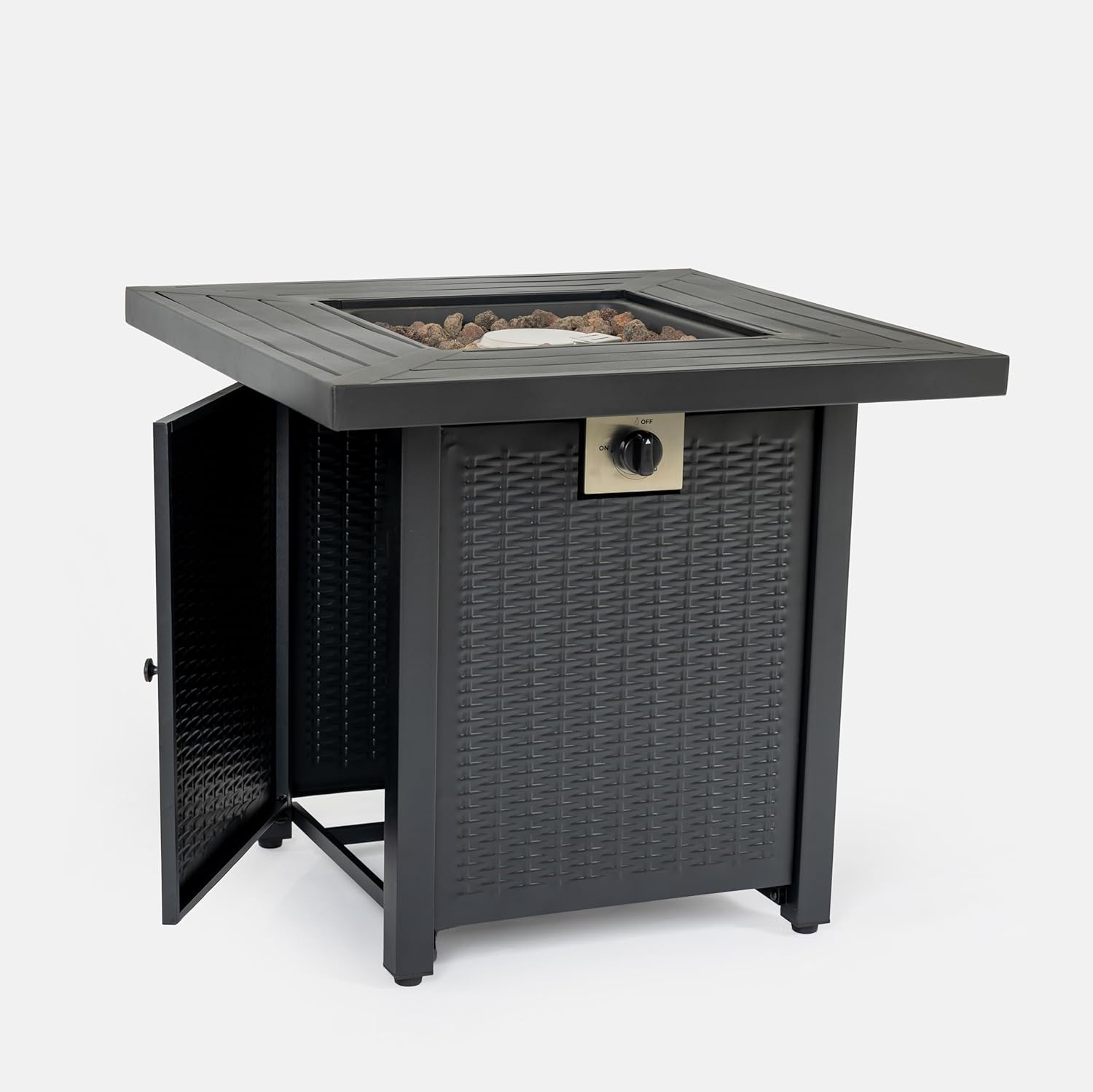 28-inch Iron Square Propane Fire Pit Table, Outdoor Gas Fire Pit Table, Wicker Design, Propane Powered with Decorative Rocks