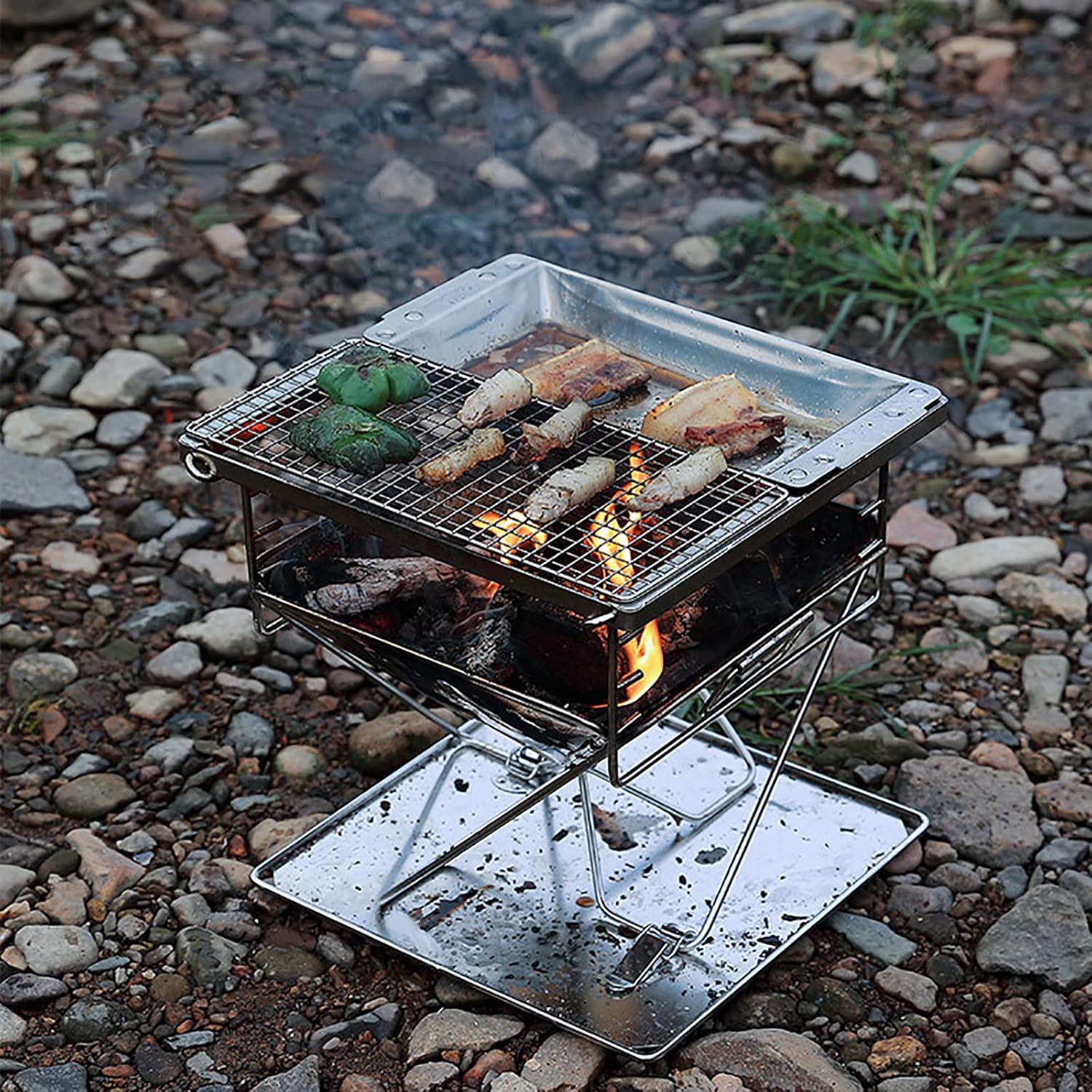JOSBY Outdoor Fire Pits, Foldable BBQ Stainless Steel Grill with Carrying Bag, Liftable, Portable Campfire Pit for Camping Picnic Patio Travel Backyard Garden