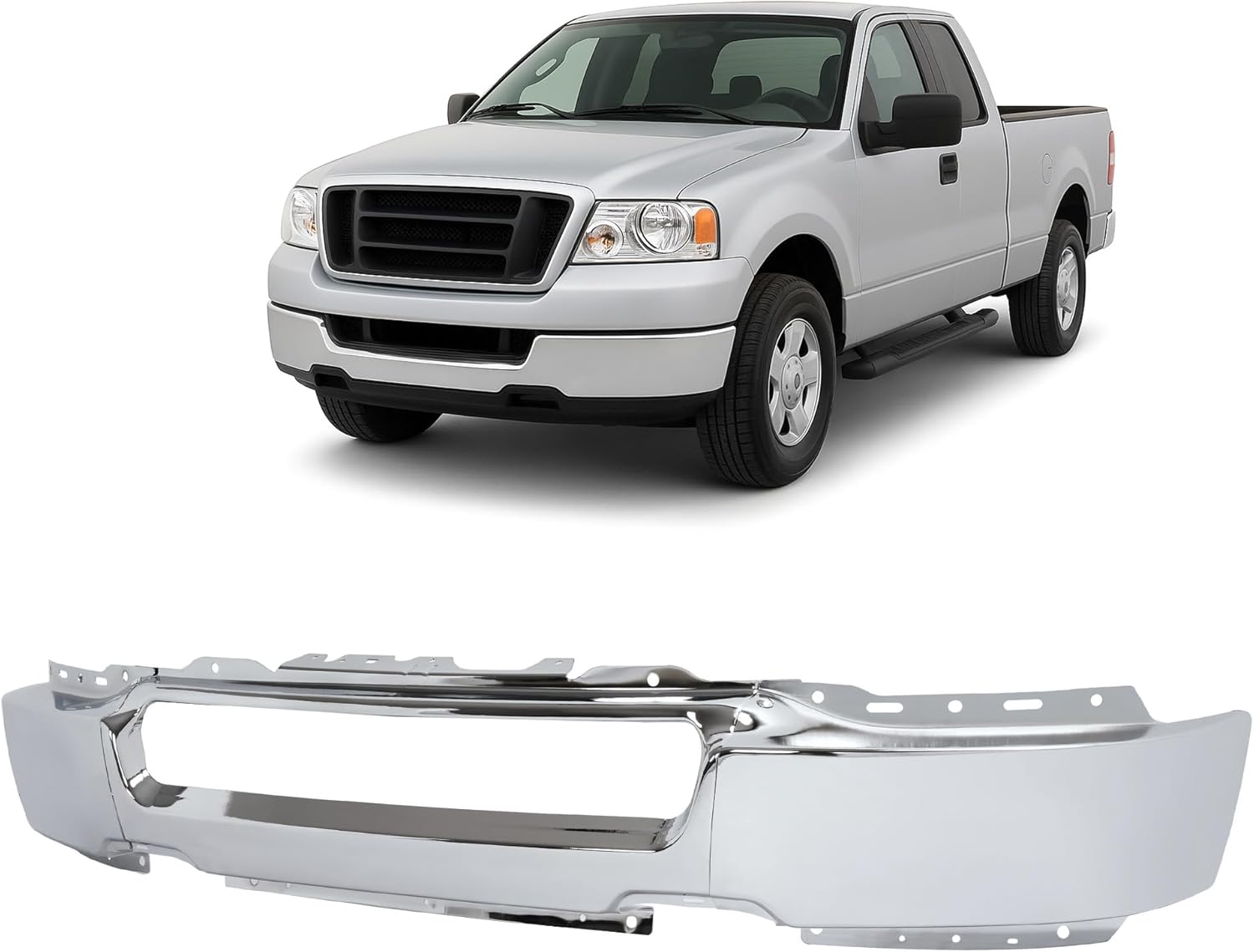 KUAFU Front Bumper Face Bar w/o Fog Light Cutouts Compatible with 2004-2006 Ford F-150 Direct Replacement for 4L3Z17757AA FO1002388 Mounting Accessories Not Included Steel Chrome Silvery