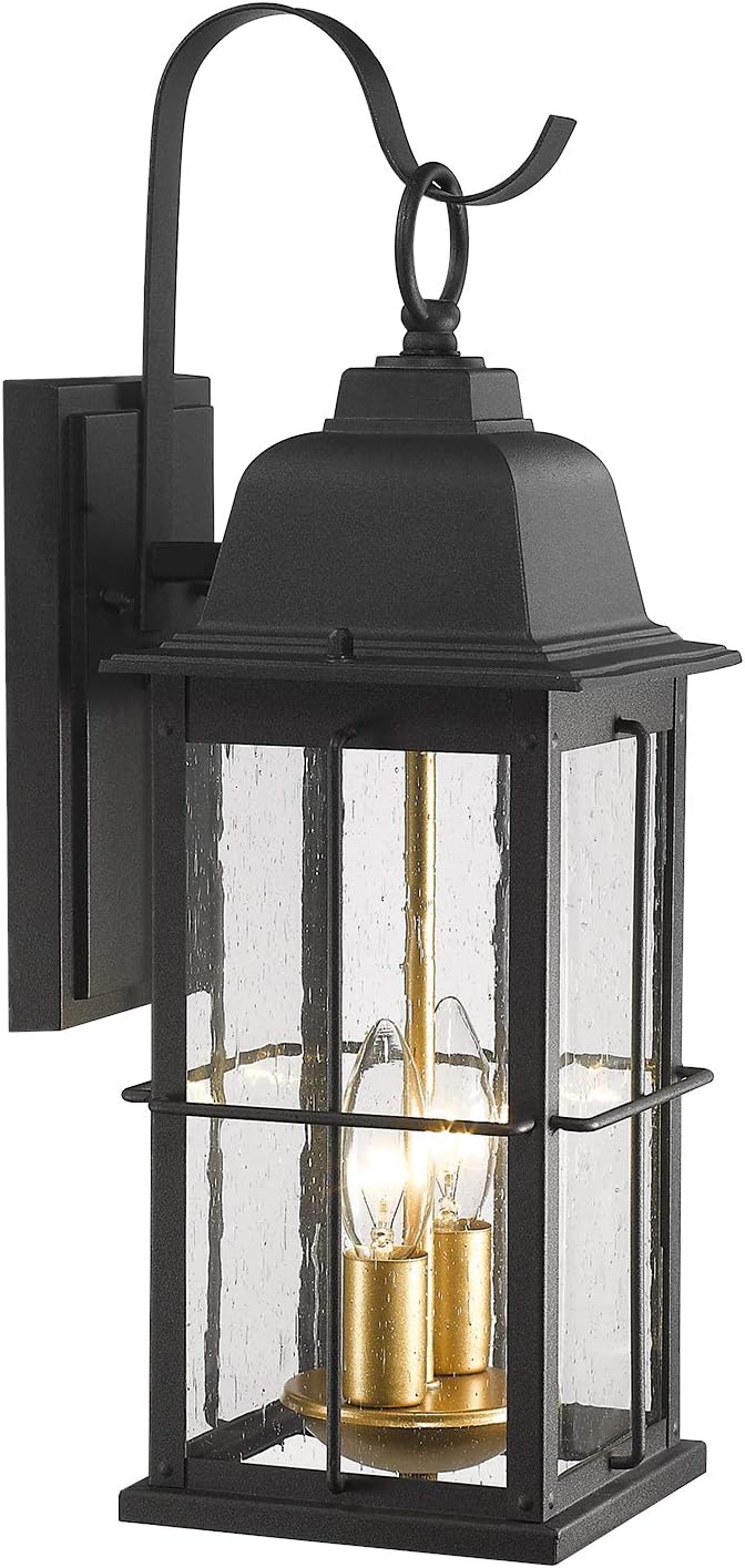 Zeyu Exterior Porch Light Fixtures, 17 inch Outdoor Wall Sconce for House in Black and Gold Finish with Seeded Glass Shade, 20071B2