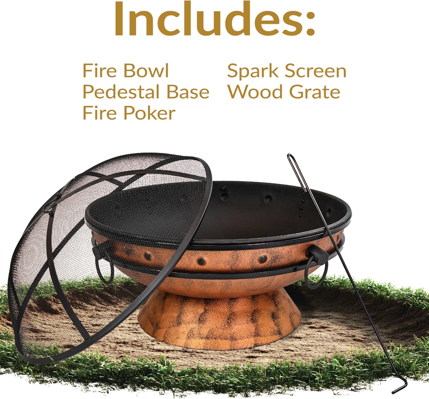 Sunnydaze 30-Inch Large Outdoor Fire Pit - Wood Burning Fire Pit for Outside with Poker and Screen - Copper Finish - Royal Cauldron