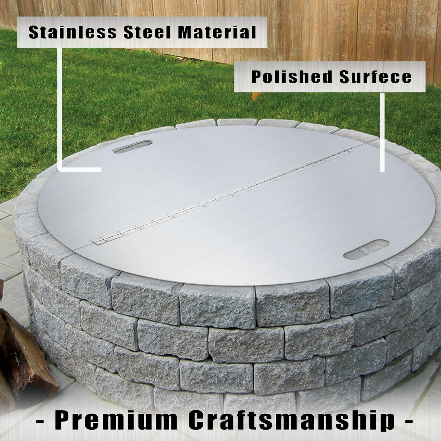 40 Inch Round Fire Pit Lid, Stainless Steel Fire Pit Cover Round, Firepit Heat Deflector & Snuffer, Heavy-Duty 3mm Thickness Steel Fire Pit Cover for Patio Firepits