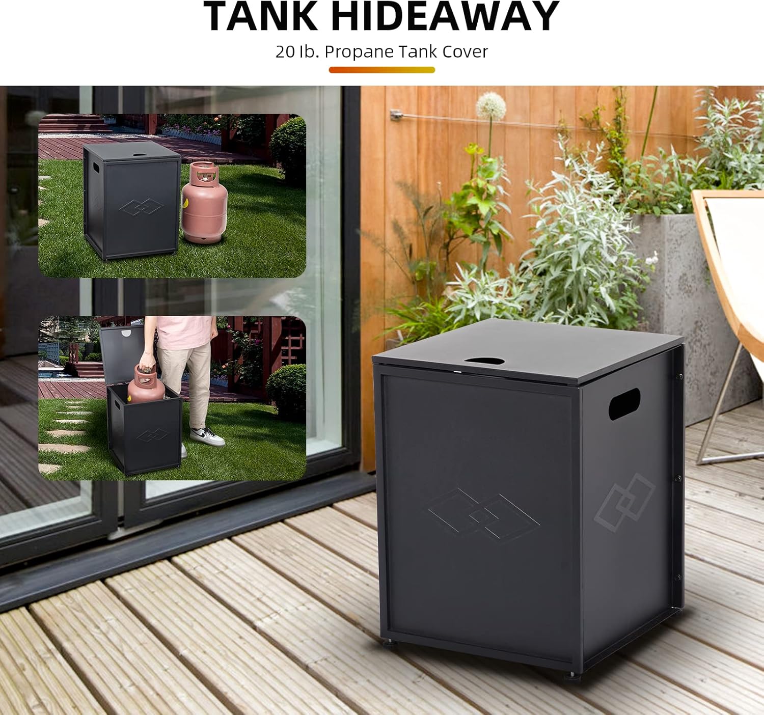 Propane Tank Cover Table for Gas Fire Pits, 16-Inch - Stylish Hideaway Table for Outdoor Living Space, Fits 20-Pound Tanks, Black