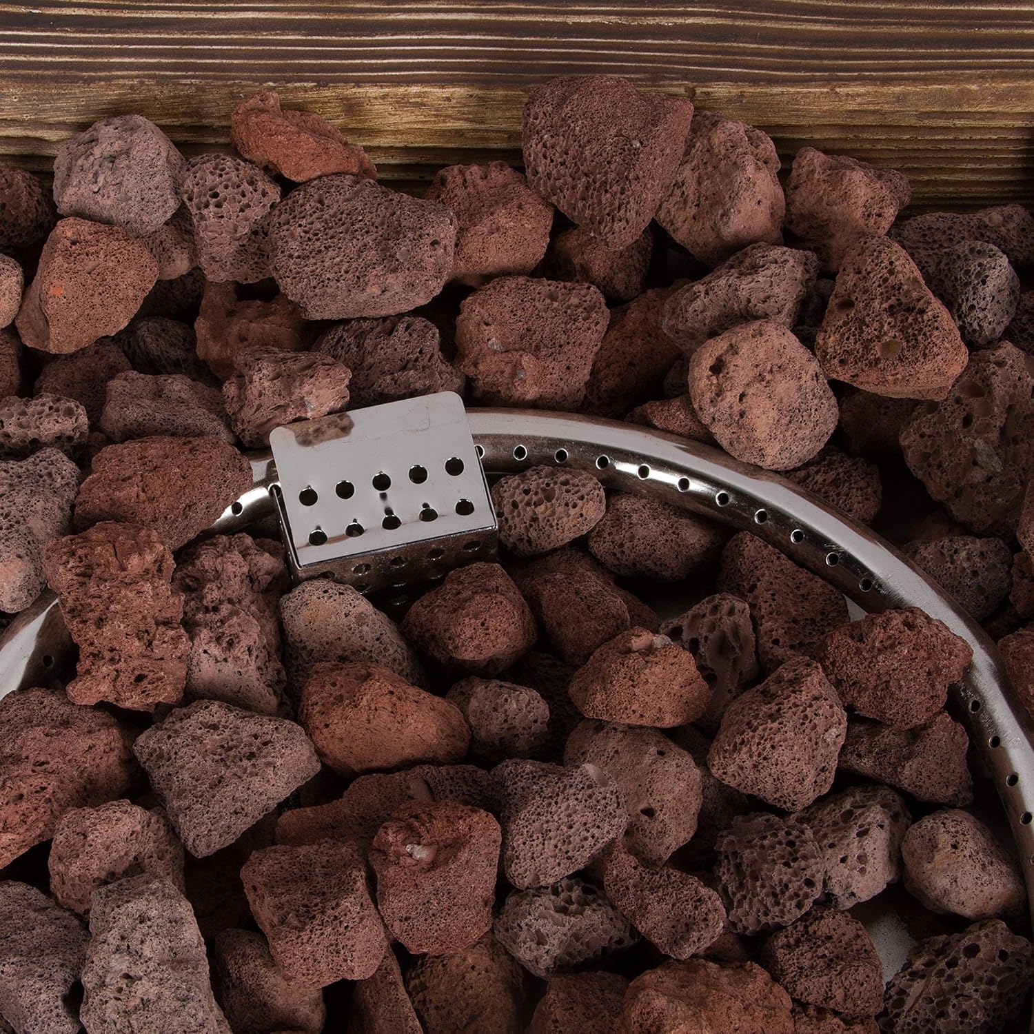 Shine Company Merida 34.5 in Square 50,000 BTU Outdoor Glass Reinforced Concrete Propane Gas Fire Pit Table w/GFRC Tabletop, Stainless Steel Burner, Lava Rocks, Natural Wood Look -Brown