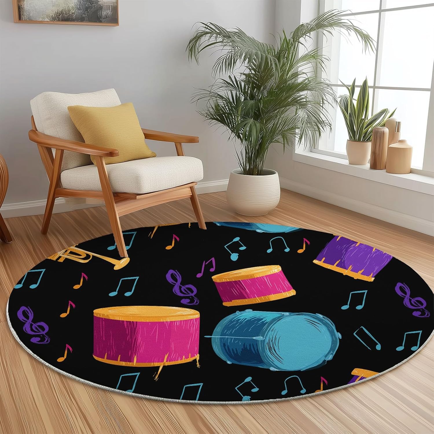 Round Printed Rug 5 ft Washable Circle Rug, Cartoon Musical Notes Drums Machine Washable Area Rugs, Black Non-Slip Low Pile Carpets for Kids Room Dining Room Entrance Bedside Mats Floor Decor