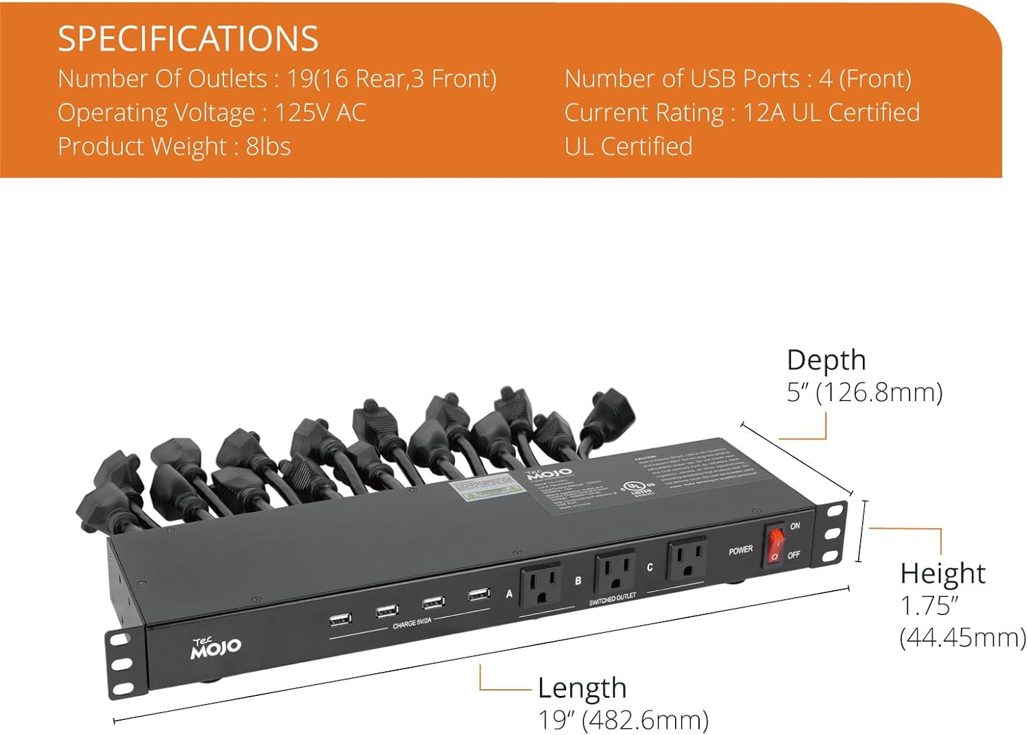 Tecmojo 1U Rack Mount 19 Outlet PDU Power Distribution Unit Power Strip Circuit Breaker fits 19-inch AV/Network/Server Cabinet/Closet/Enclosure