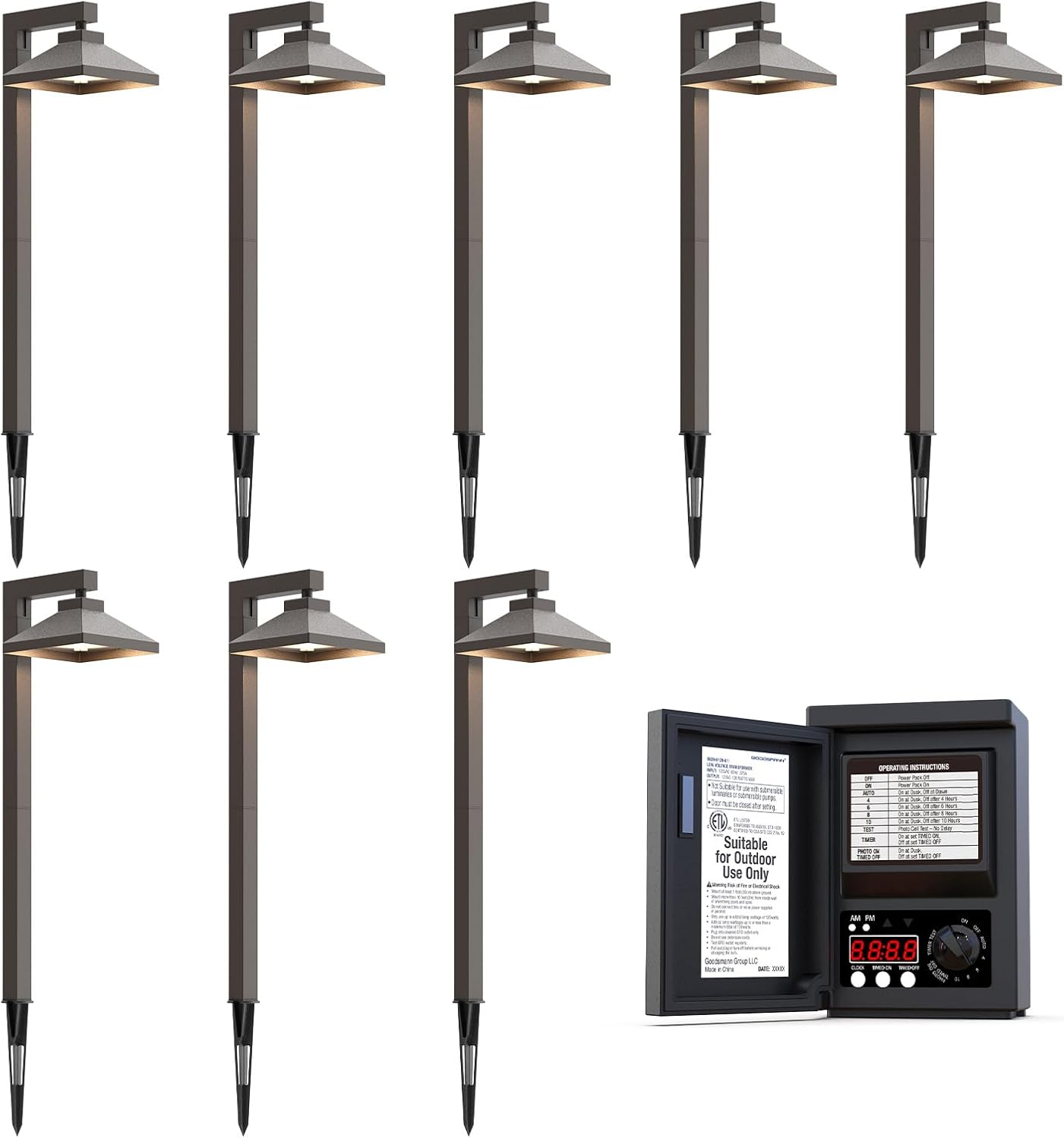 GOODSMANN Low Voltage Landscape Lights 8PK Landscape Lighting 1.5W LED 100 Lumen 12V AC Walkway Lights with 120W Outdoor Lighting Transformer with Photo Eye Sensor and Timer