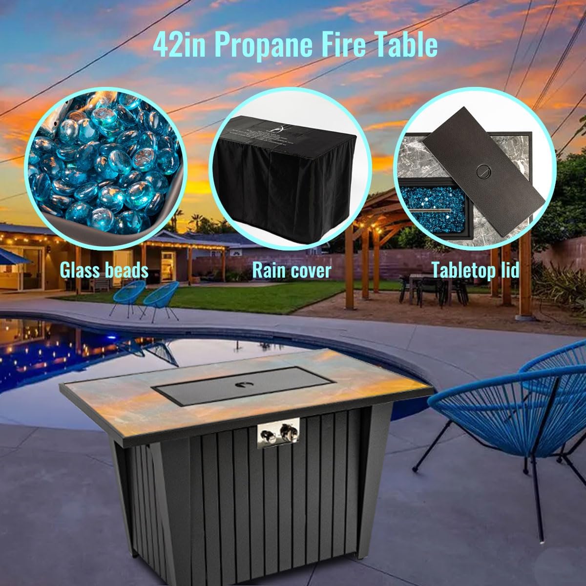 42'' Fire Pit Table with Natural Gas Conversion Kit, Marble Tile Ceramic Tabletop with Glass Wind Guard, Inclined Leg and Art Powder Design, Blue Glass Rocks, Including Lid&Cover
