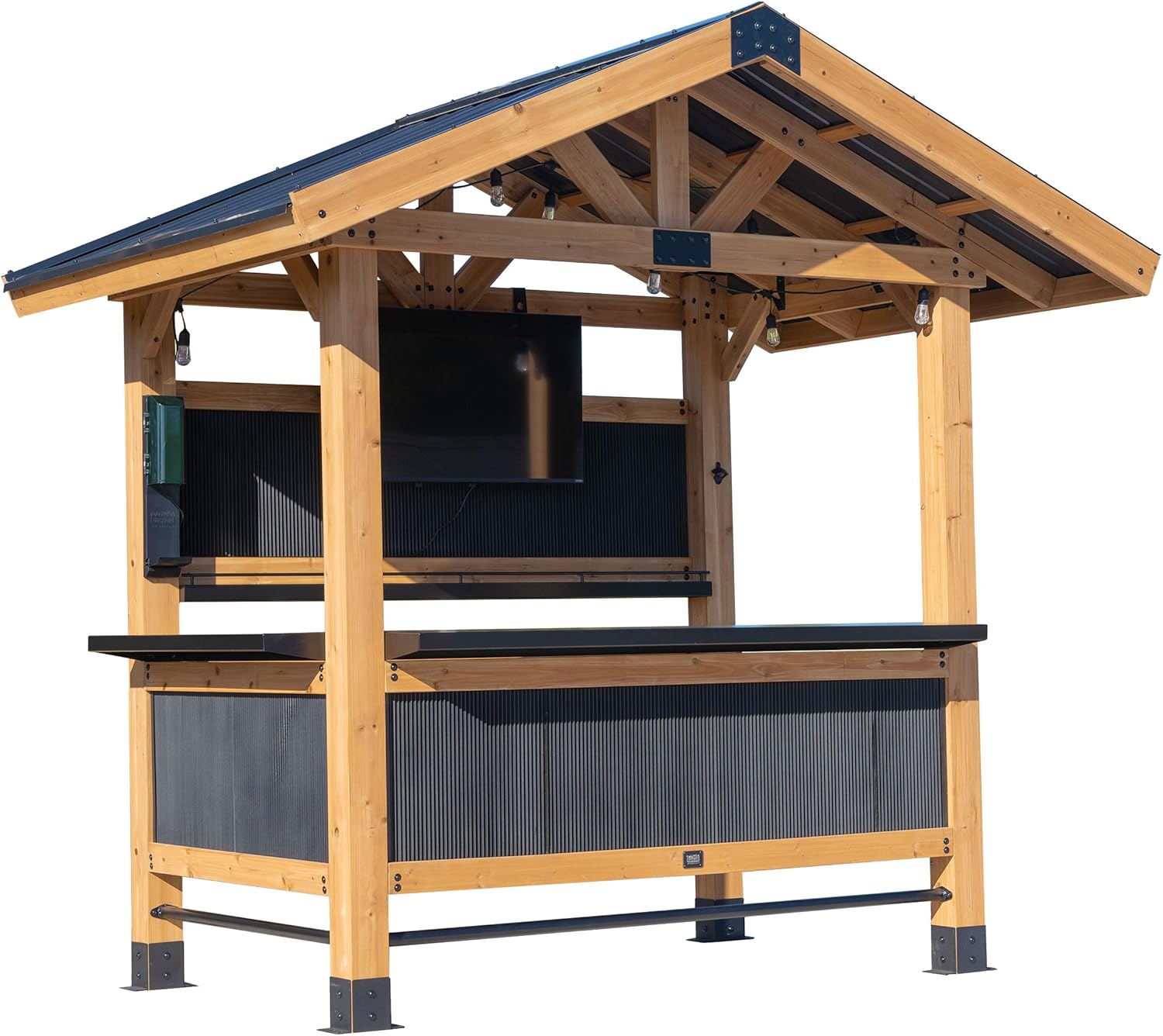 Backyard Discovery Palisade 9' x 6' Cedar Wood Outdoor Bar Set with Galvanized Steel Roof, Bar Top, Shelving, Snow Load Support, Wind Resistance, PowerPort for Patio, Deck, Entertaining
