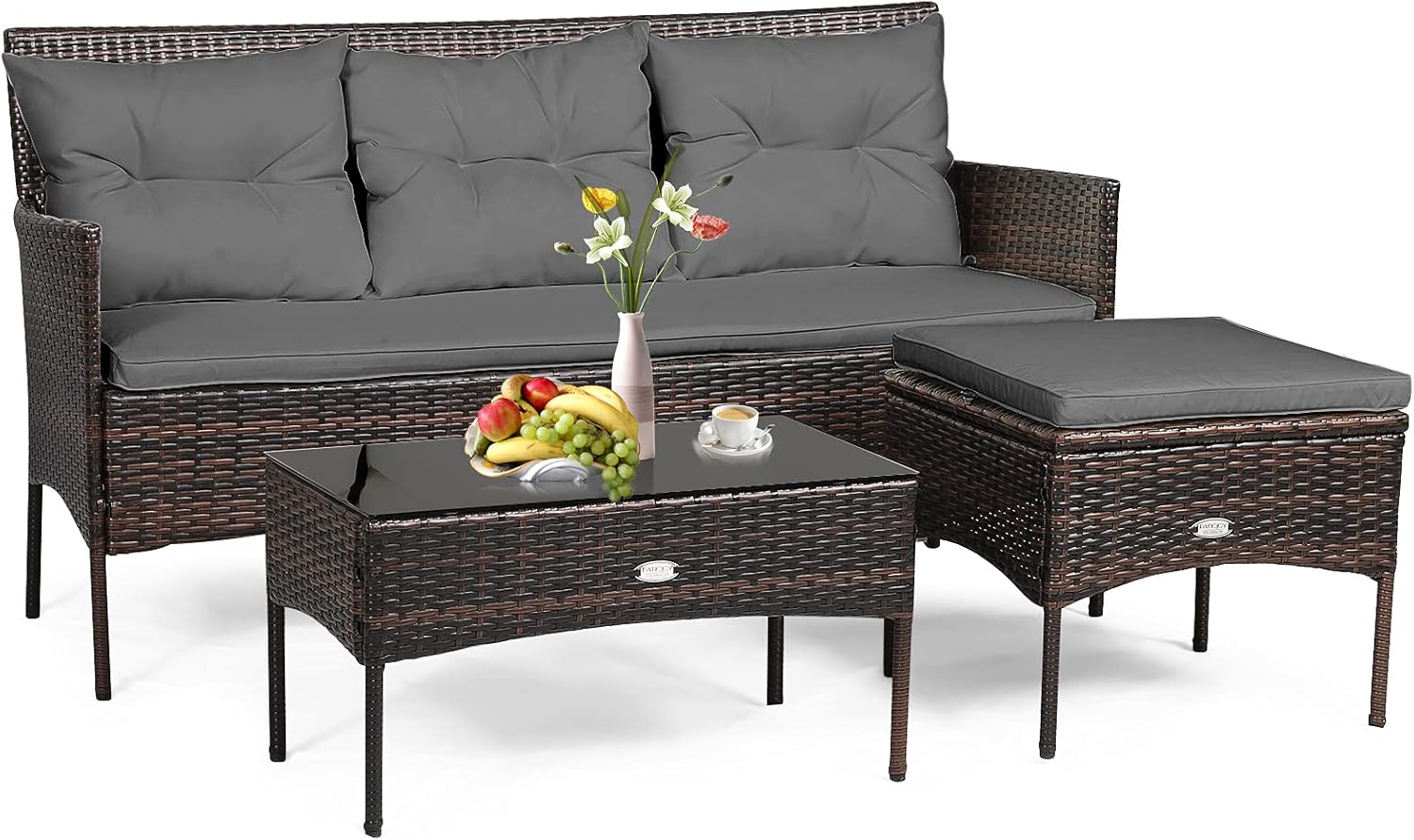 RELAX4LIFE 3 Pieces Patio Furniture Sectional Set, Rattan Wicker Conversation Set W/ 5 Cozy Seat & Back Cushions, Tempered Glass Coffee Table for Poolside, Balcony, Backyard Outdoor Furniture (Gray)