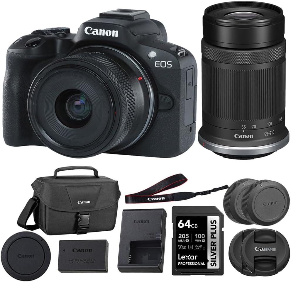 Canon EOS R50 Mirrorless Camera with 18-45mm and 55-210mm Lenses (Black) Bundle with 64GB Memory Card + Canon 200ES EOS Shoulder Bag (3 Items)