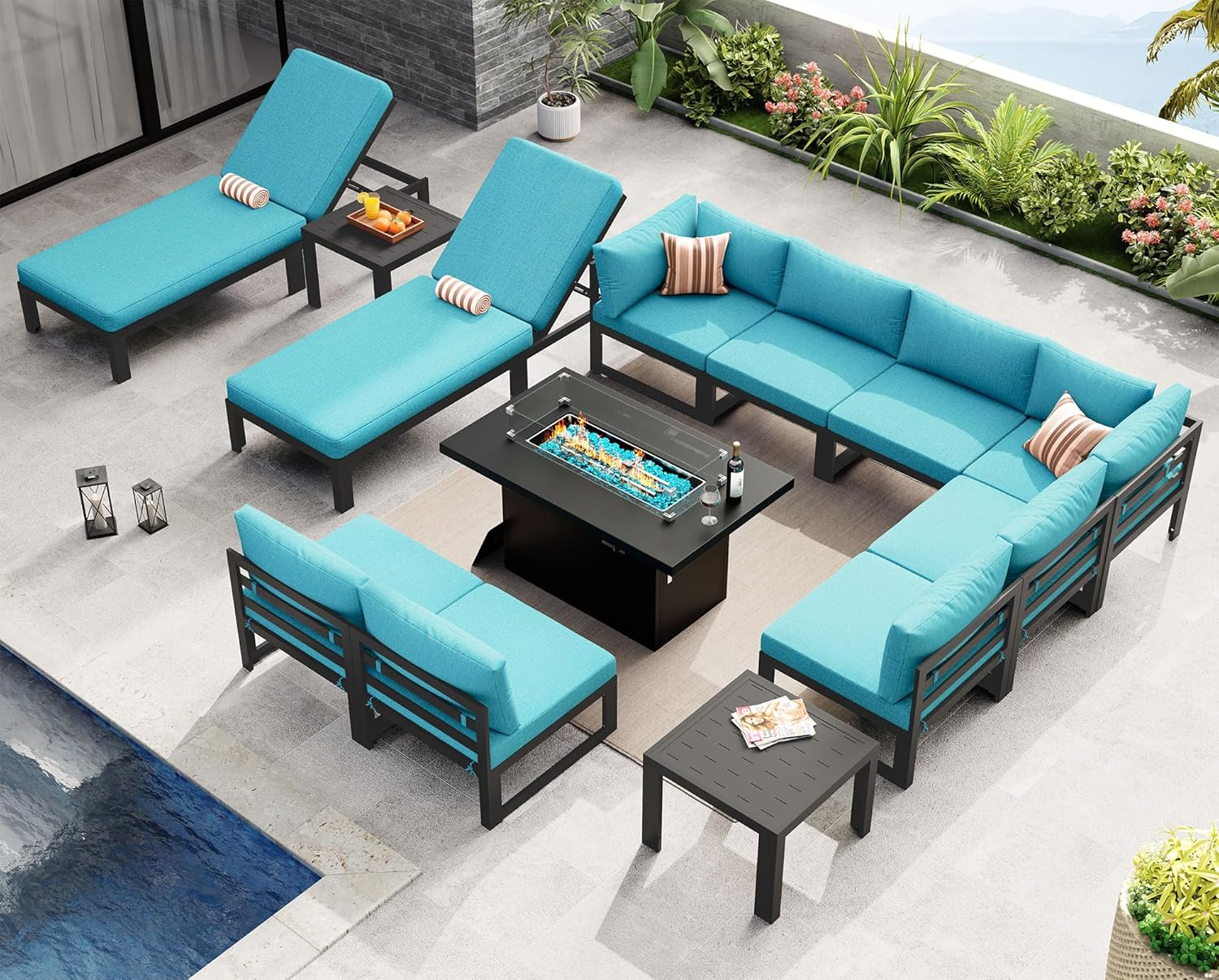 NICESOUL 13 Piece Large Modern Aluminum Patio Furniture Set, Rust Water Resistant Modular Outdoor Conversation Set with Chaise & Fire Pit Table, 500 lbs Durable Modular Sectional Sofa for Deck, Teal