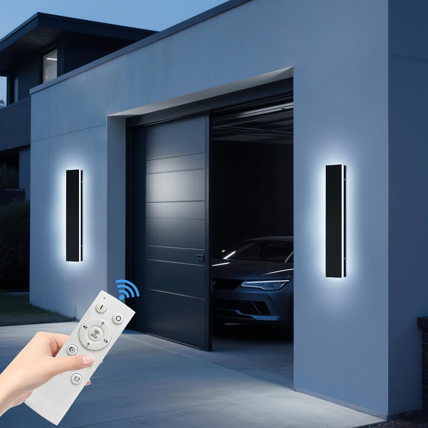 Upgrade Widened 2 Pack 23.6inch Outdoor Wall Sconce, 3000K-6000K Dimmable Modern LED Wall Mount Light, IP65 Waterproof, Black Exterior Lighting for House, Porch, Garage with Remote Control