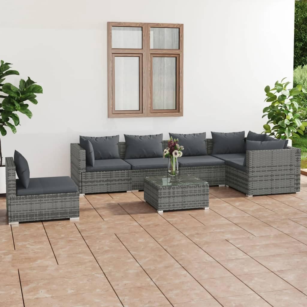 7 Piece Patio Lounge Set with Cushions Poly Rattan Gray,Outdoor Rattan Patio Lounge Set: Modular and Cozy for Any Space Patio Furniture, Outdoor Furniture Sets