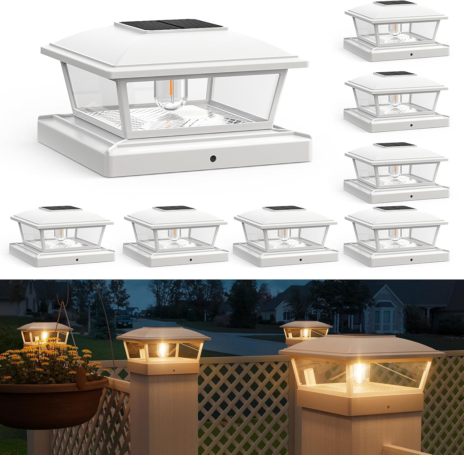 APONUO Solar Post Lights Outdoor, 2 Modes Edison LED Bulbs Cap for 4x4 5x5 6x6 Vinyl Wooden Posts, Waterproof Fence Lights Solar Powered for Deck/Porch (White, 8 Packs)