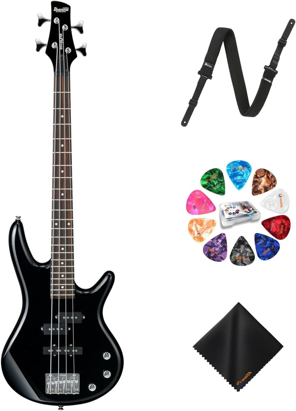 Ibanez GSRM20 4-String Solid Body Bass Guitar (Black) - Right Handed Poplar Body Bass with GSF50 Powerpad Strap, 15 Pack Guitar Picks with Storage Box & Microfiber Cleaning Cloth (Bundle Set)
