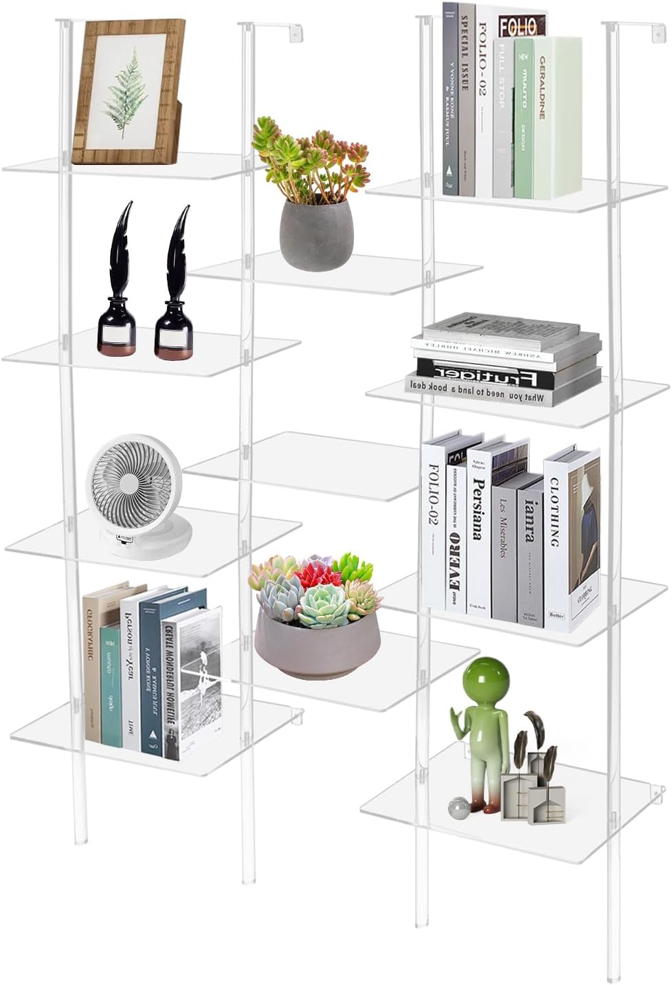 Acrylic Geometric Bookshelf, Clear Modern Bookcase with 22 lbs Capacity per Tier, Wall Mount & Freestanding Display Shelf for Living Room, Bedroom and Office (59.4 inch)