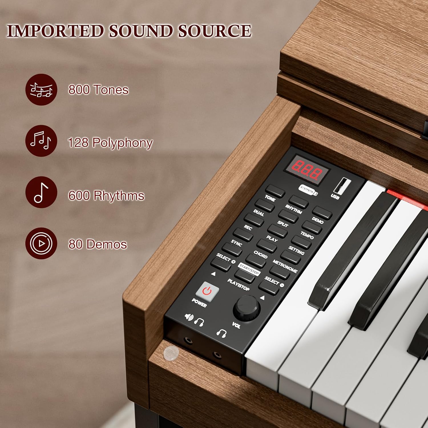 UMOMO 88 Key Digital Piano Keyboard with Piano Metal Stand, Full Size Electric Piano, Headphone Jack, 3 Pedal, Electronic Piano for Beginner, Adults, Walnut