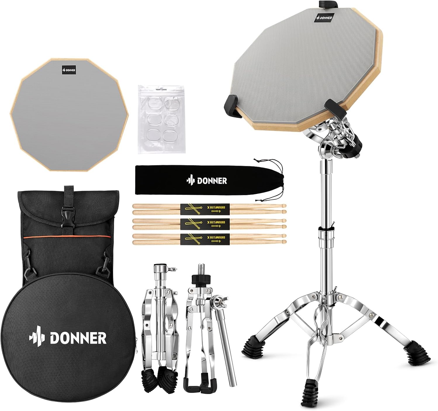 Donner Snare Drum Stand Set with Drum Practice Pad, 12'' Double-sided Silent Drum Pad set, Drumsticks, Backpack Adjustable Stand Fits 10''-14'' Dia Drums