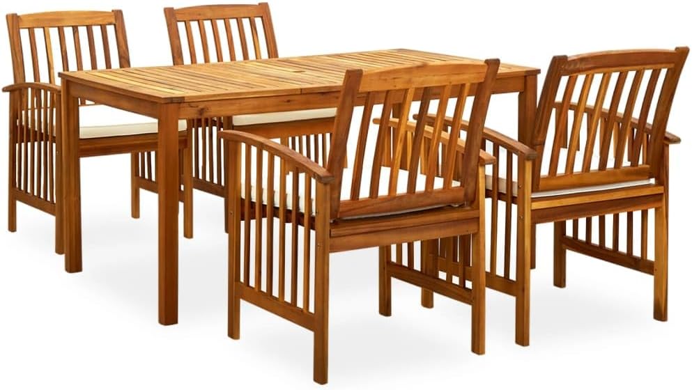 Garden Dining Set Cream White, Solid Acacia Wood Outdoor Table and Chairs, Rectangular Patio Furniture Set for Balcony, 5-Piece