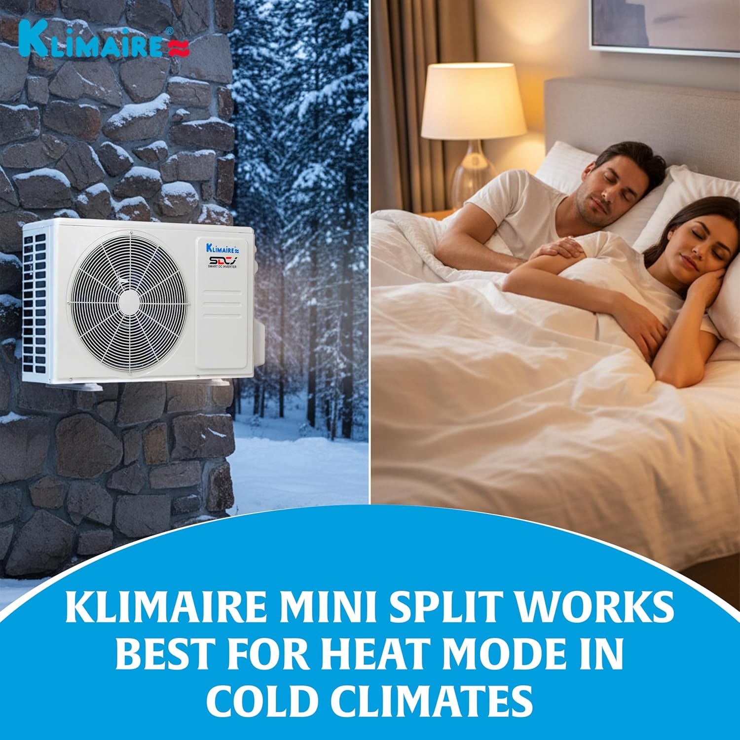 KLIMAIRE 12,000 BTU 23.1 SEER2 Hyper Heat Ductless Mini Split Air Conditioner & Heat Pump System, Operates Down to -22°F, with Pre-Flared 16'Installation Kit & Wall Bracket, 230V, Wi-Fi Enabled (230V)