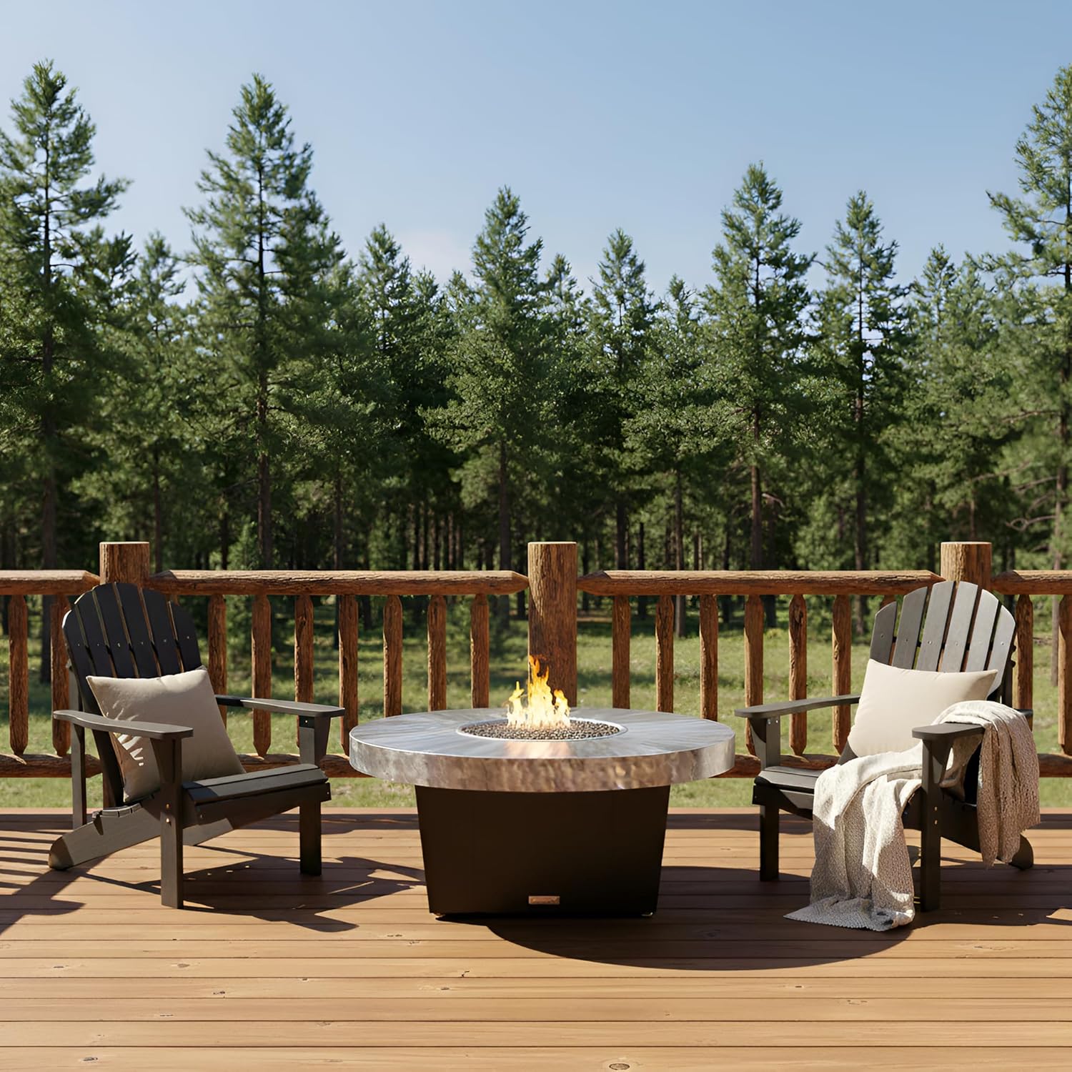 COOKE Parkway Circular Fire Pit Table - 48 Diam - Natural Gas - Brushed Aluminum Top - Dark Cherry Powdercoat Base