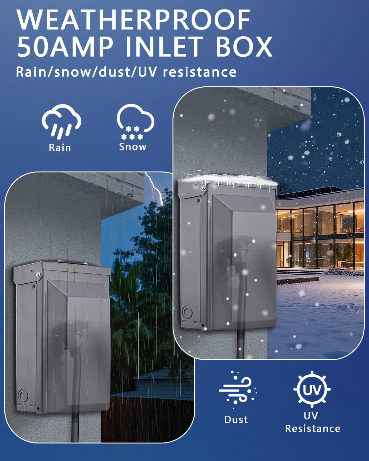 50 Amp Generator Power Inlet Box, NEMA SS2-50P 3-Prong, 125/250V 12500W Weatherproof Outdoor Generator Outlet Receptacle for Generator Cord